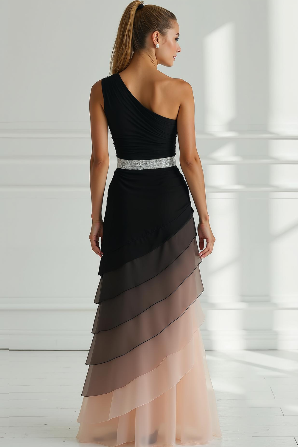 Black and Light Pink A Line Tiered One Shoulder Long Evening Dress