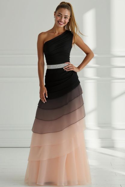 Leely Women Black and Light Pink Tulle A Line Long Evening Dress with Beading Tiered One Shoulder Formal Dress