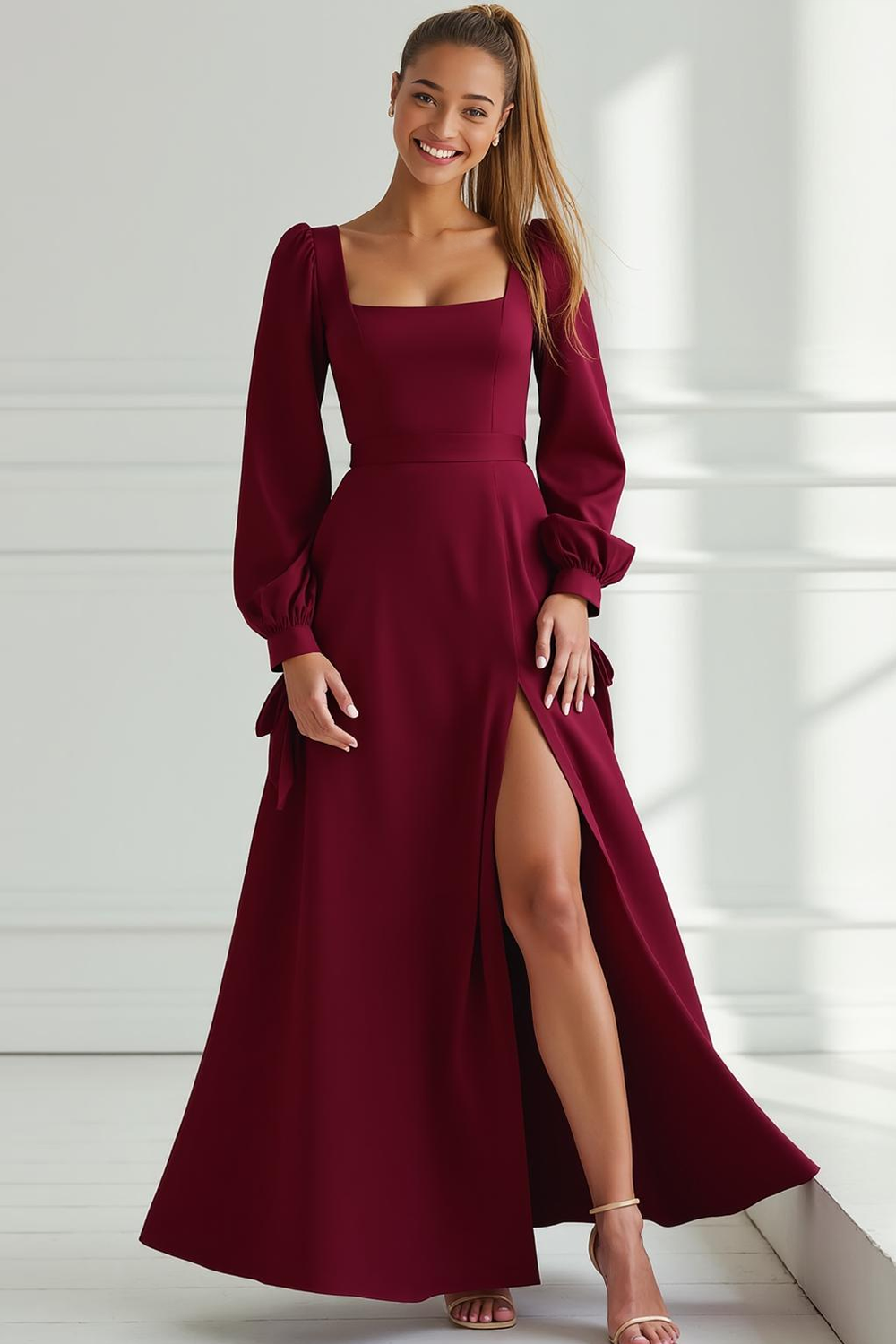 Leely Women Cabernet A Line Maxi Wedding Guest Dress with Slit Square Neck Lantern Sleeves Wedding Party Dress
