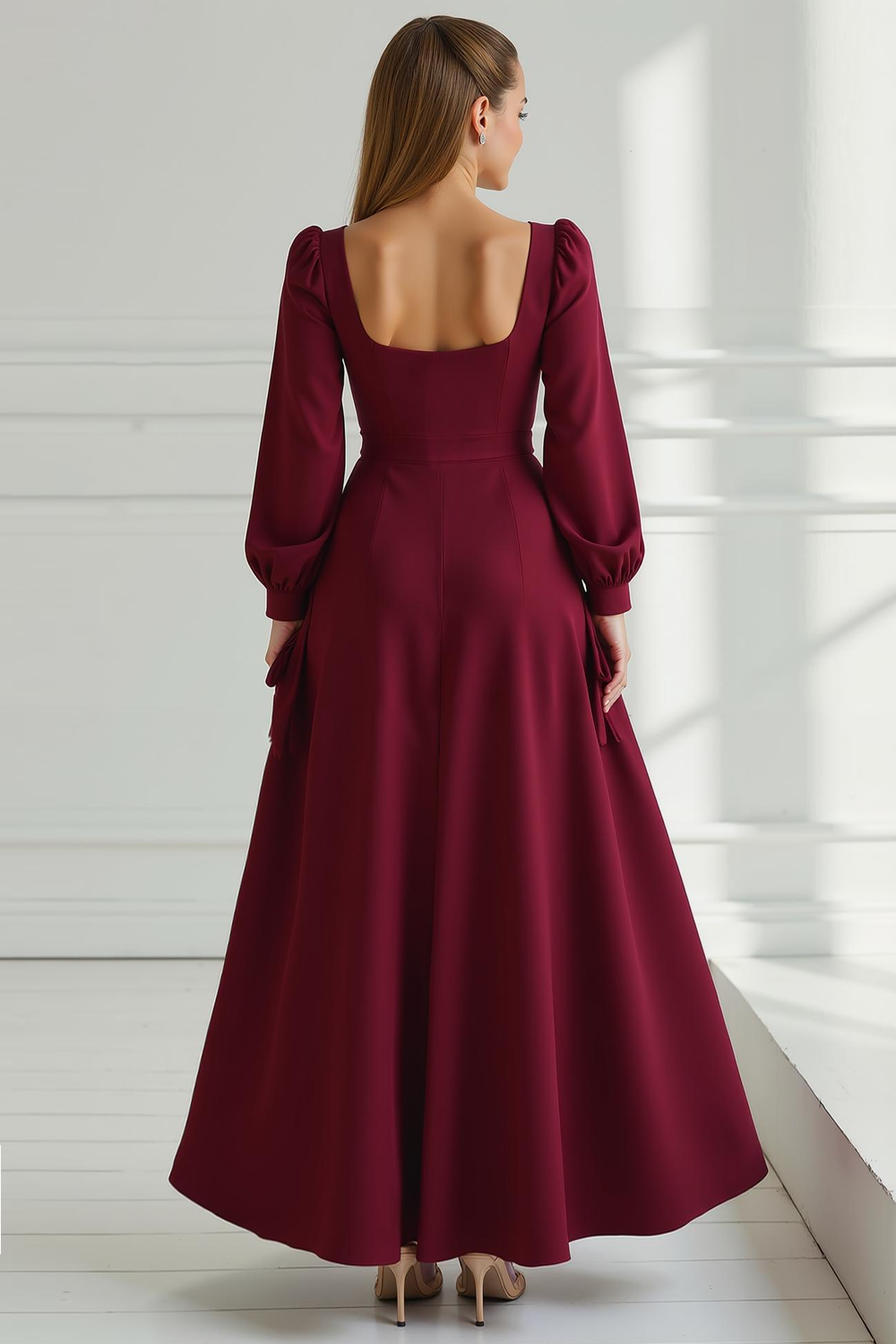 Cabernet A Line Square Neck Maxi Wedding Guest Dress with Slit