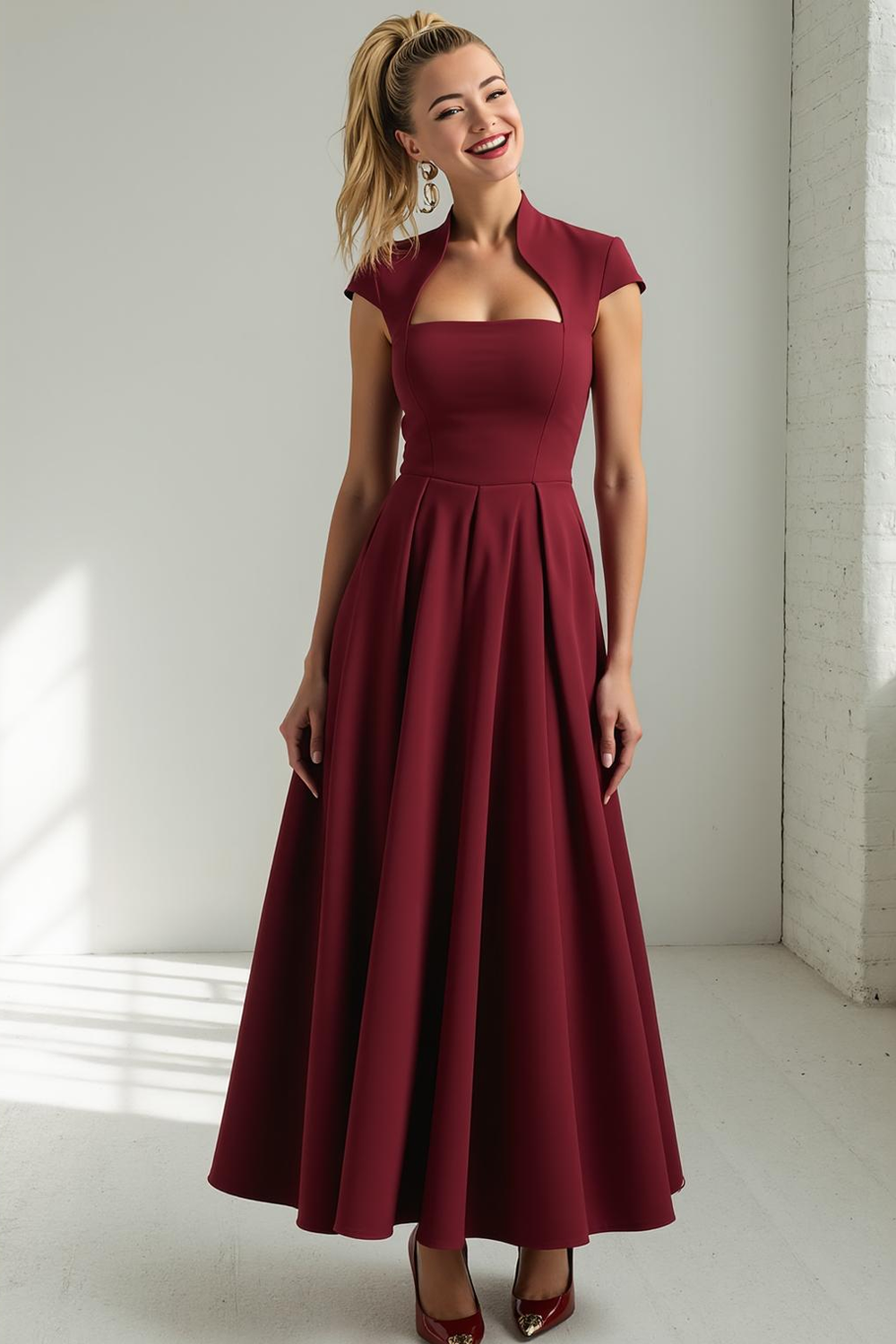 Cabernet A Line Cap Sleeves Maxi Wedding Guest Dress
