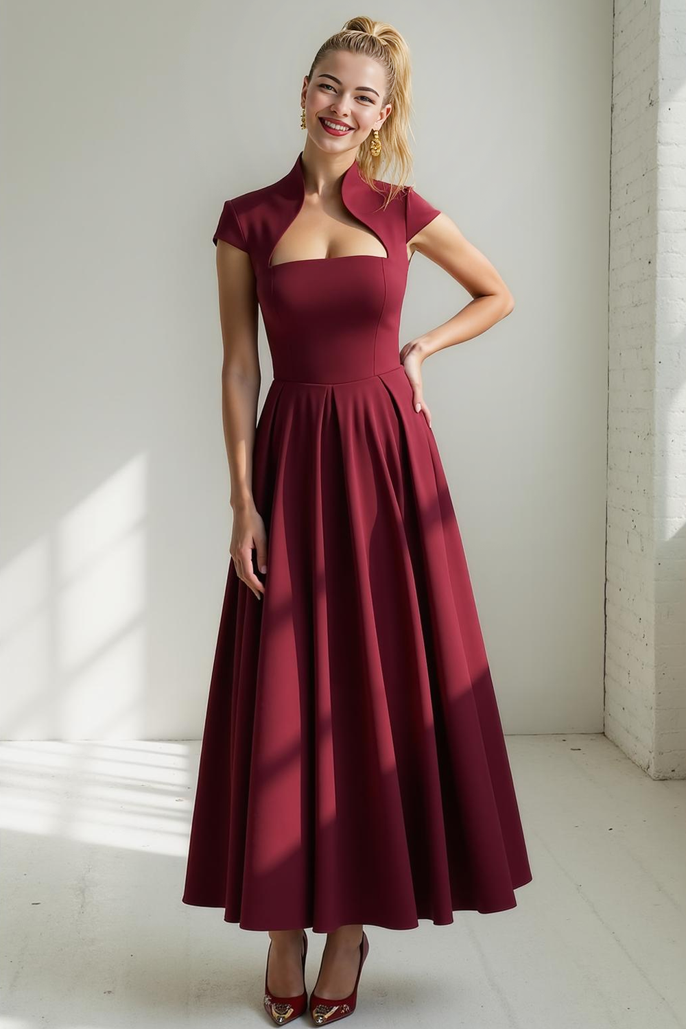 Leely Women Cabernet A Line Stunning Wedding Guest Dress Cap Sleeves Long Wedding Party Dress