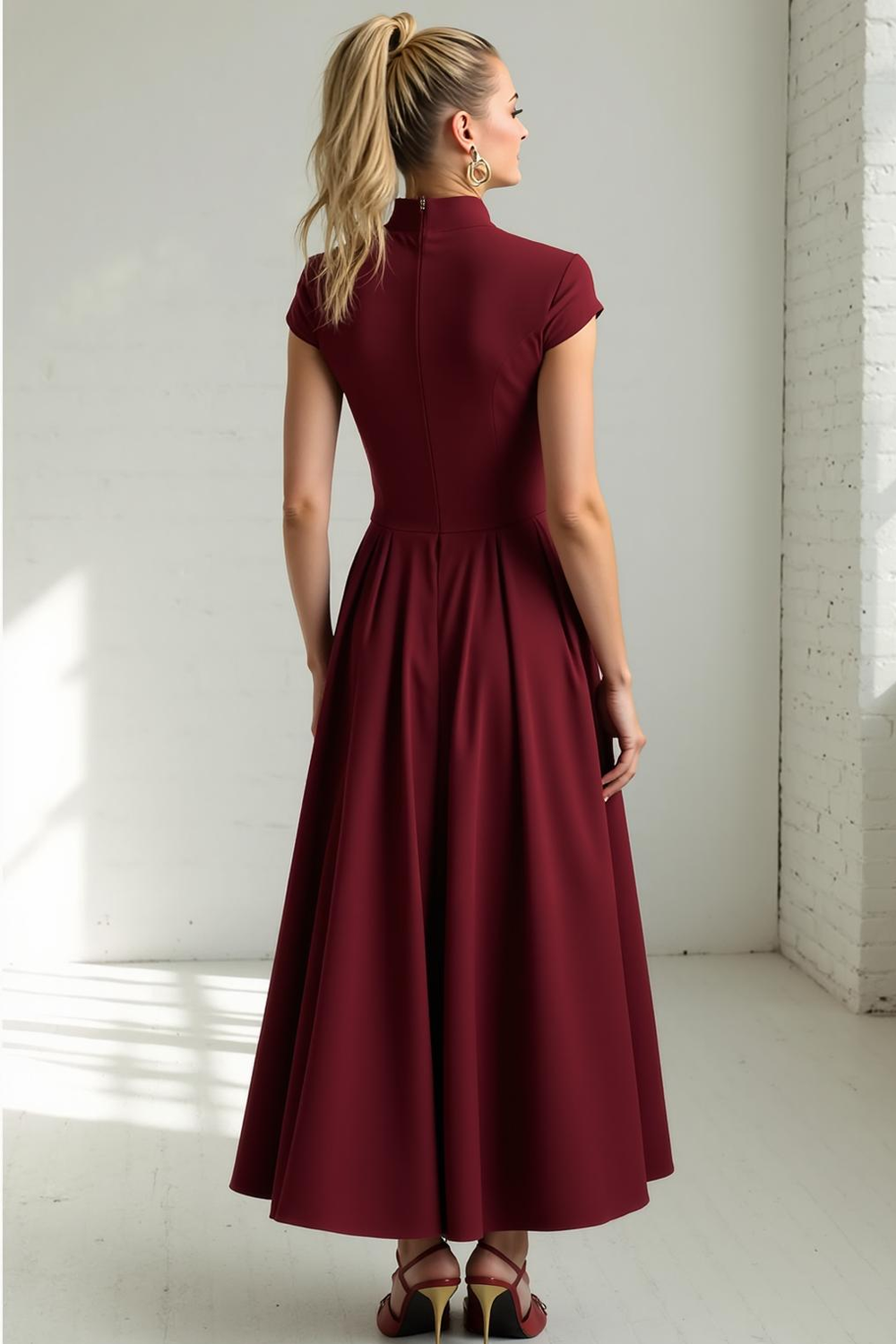 Cabernet A Line Cap Sleeves Maxi Wedding Guest Dress
