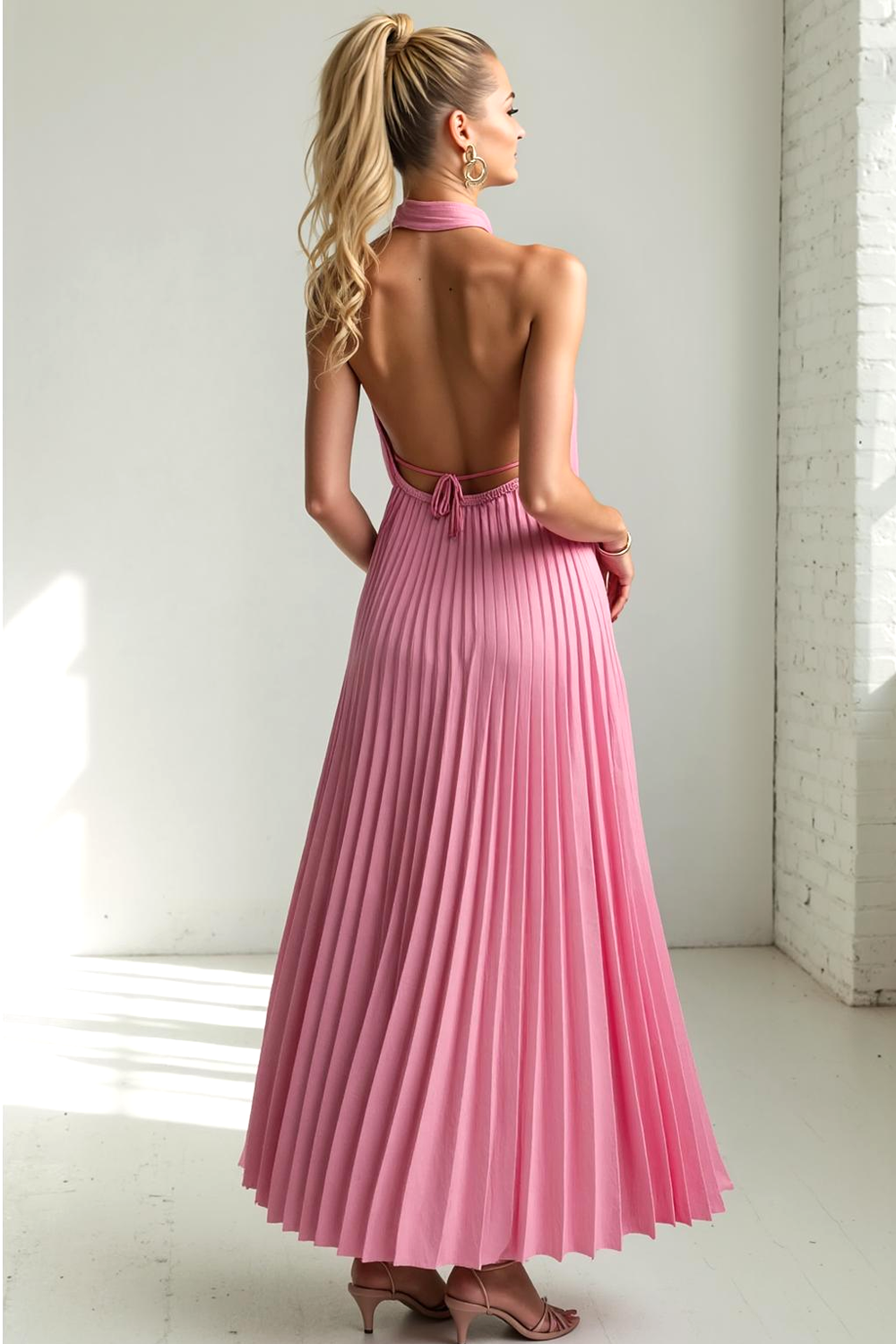 Hot Pink Satin Pleated Halter A Line Long Wedding Guest Dress