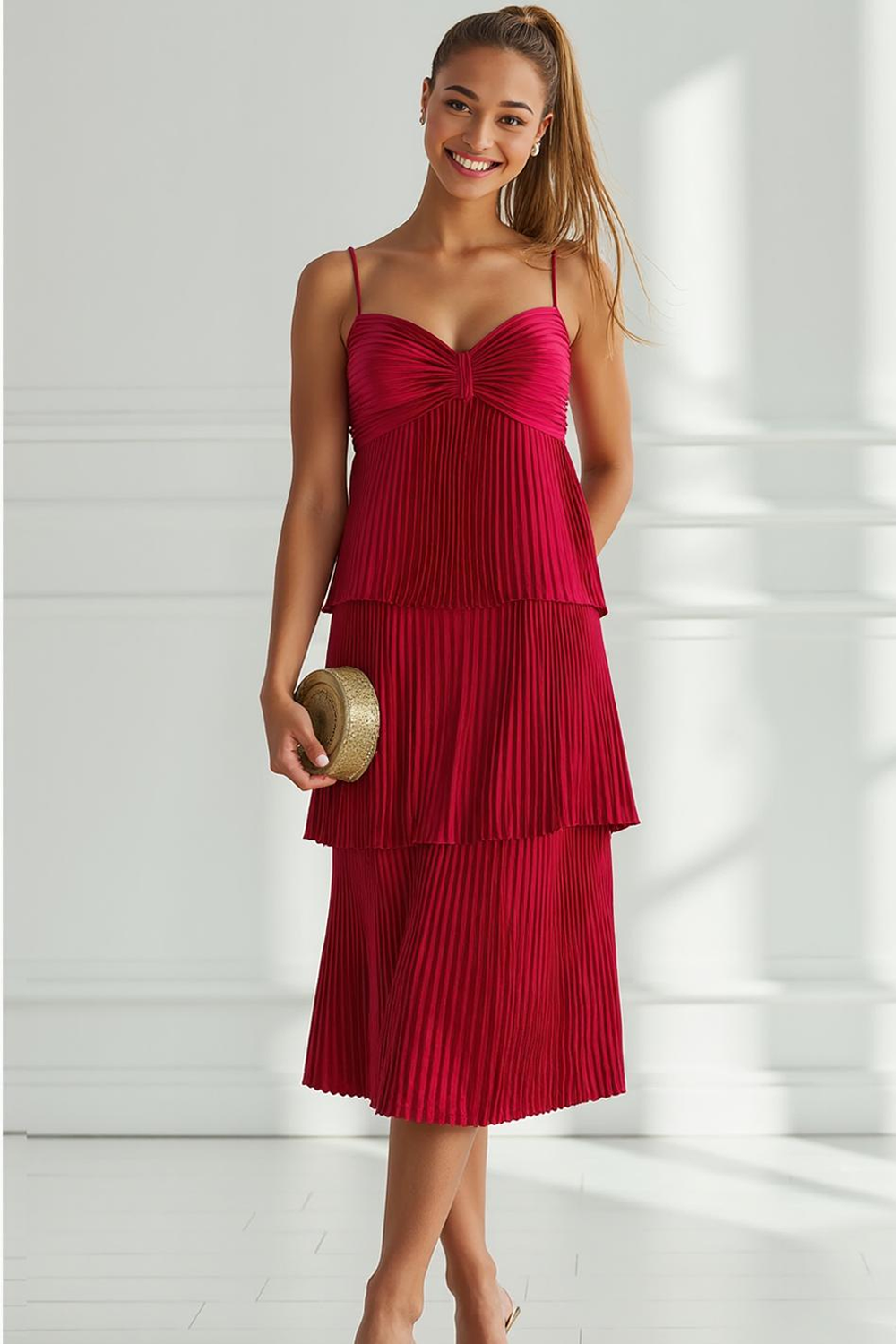 Leely Women Red Pleated Satin Tiered Midi Summer Wedding Guest Dress A Line Spaghetti Straps Wedding Party Dress with Bow