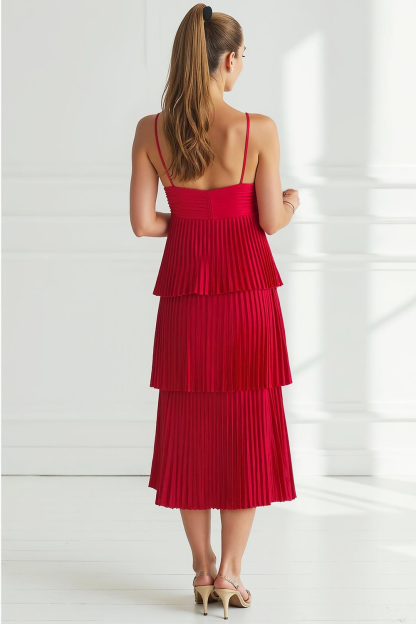 Red Pleated Satin Tiered A Line Spaghetti Straps Midi Wedding Guest Dress