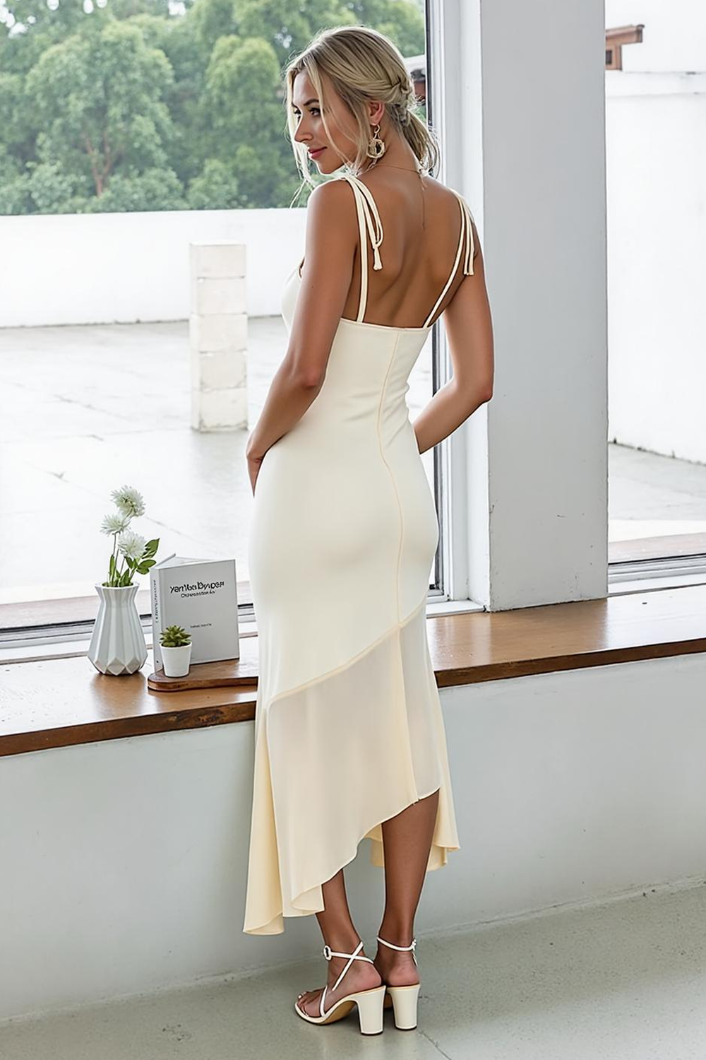 White Spaghetti Straps Sheath Asymmetrical Rehearsal Dinner Dress with Tulle