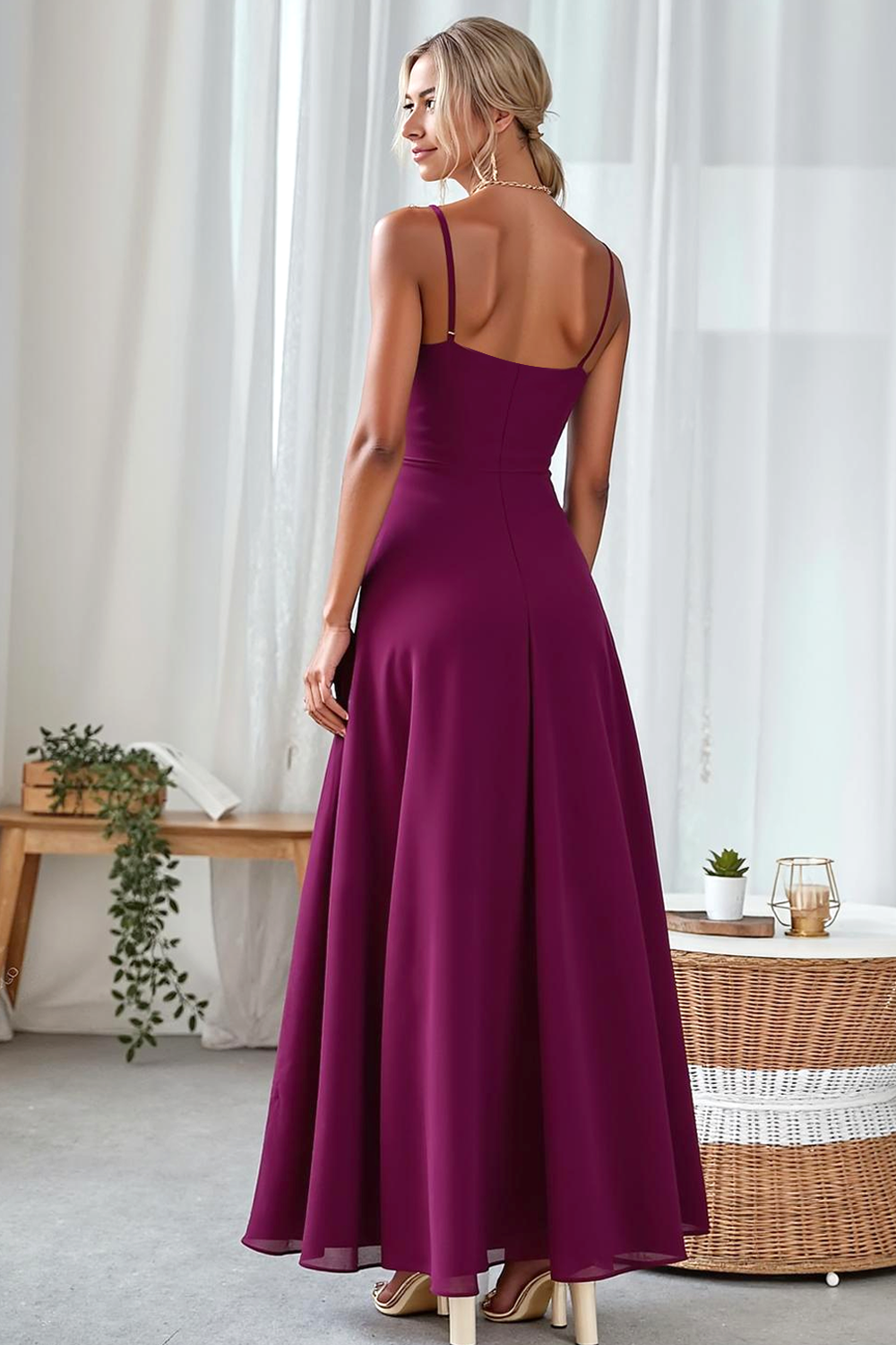 Purple A Line Spaghetti Straps Ruched Maxi Wedding Guest Dress with Slit