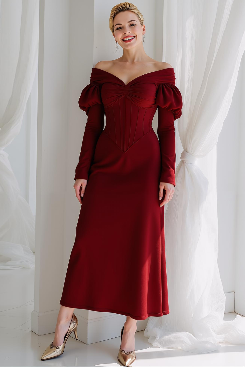 White Corset A Line Off the Shoulder Maxi Rehearsal Dinner Dress with Sleeves