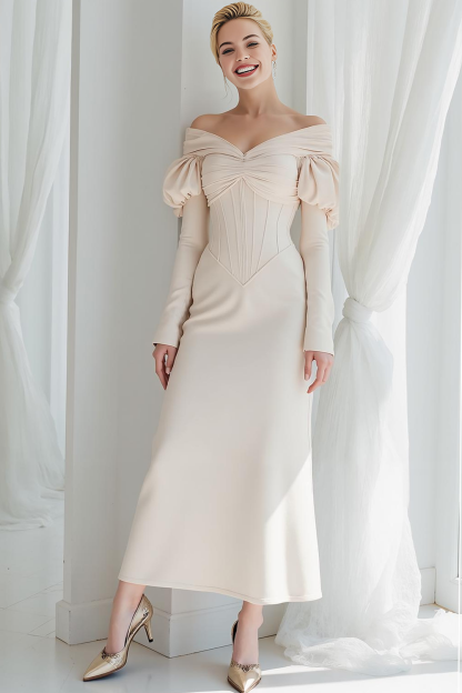 Leely Women White Corset Maxi Rehearsal Dinner Dress with Sleeves A Line Off the Shoulder Engagement Dress with Slit