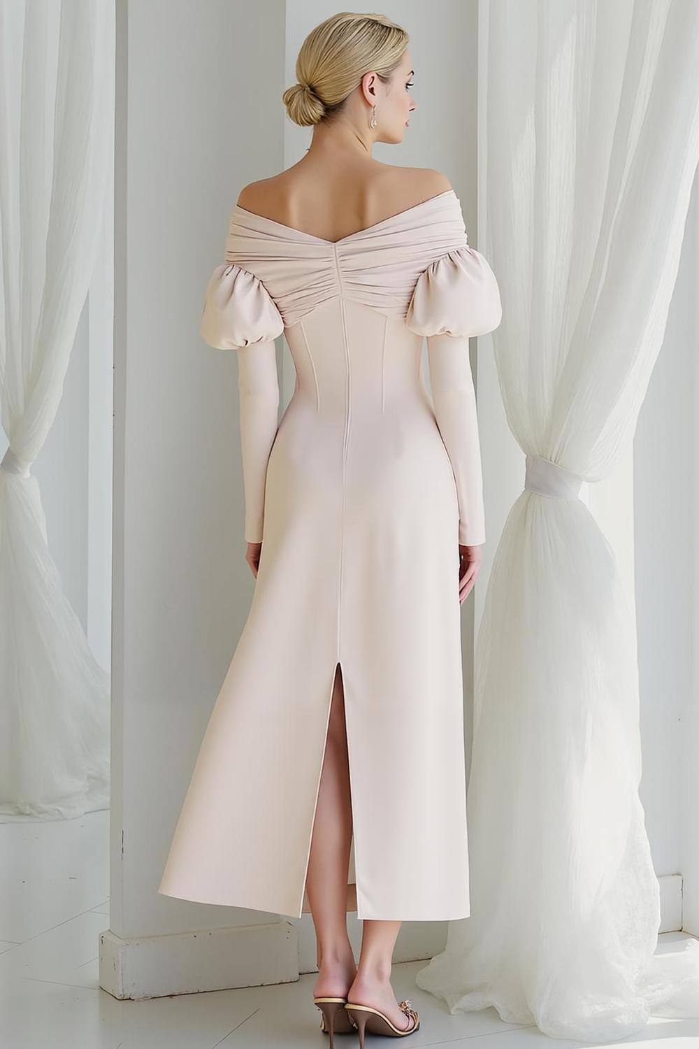 White Corset A Line Off the Shoulder Maxi Rehearsal Dinner Dress with Sleeves