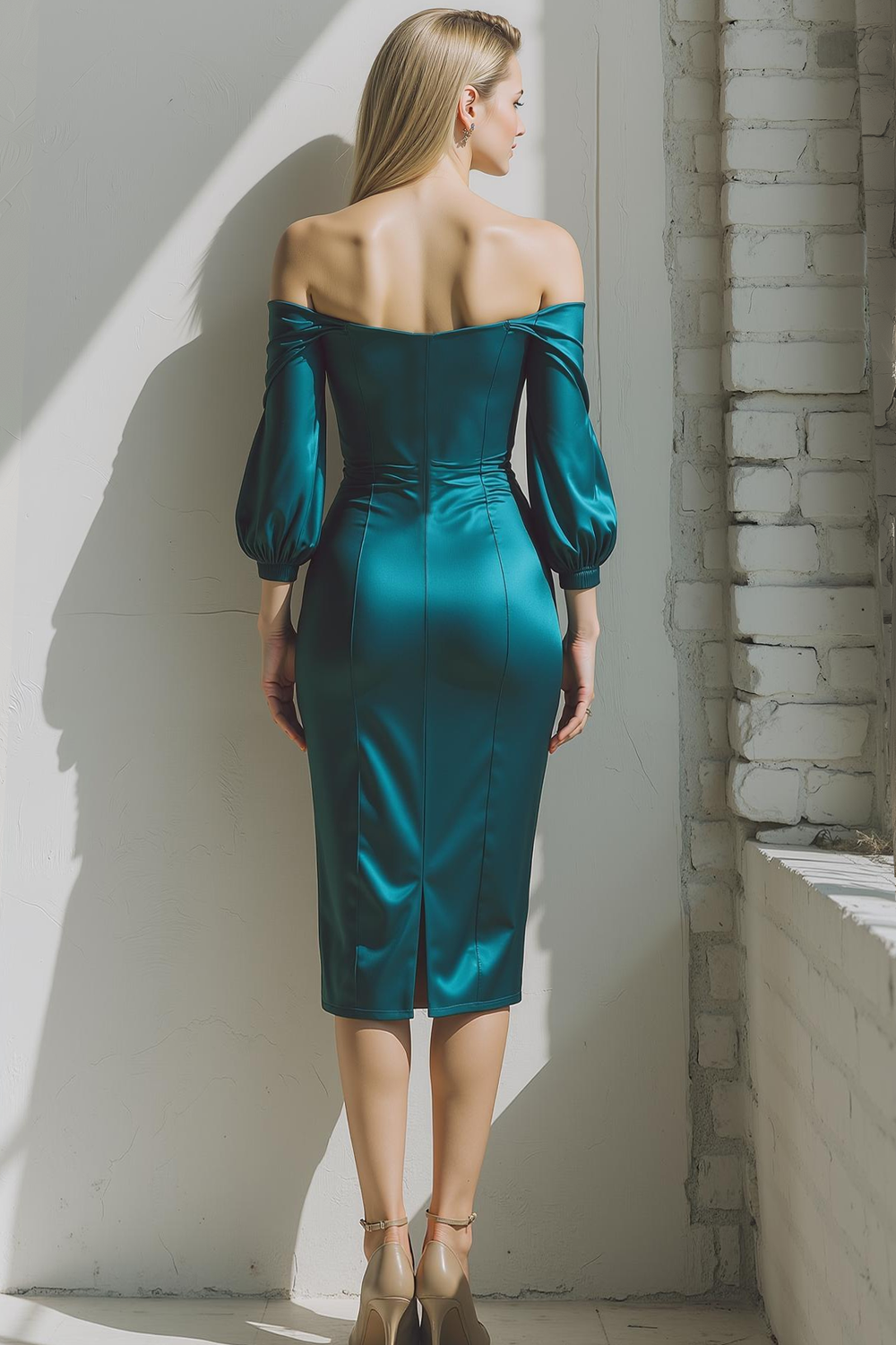 Peacock Green Satin Sheath Off the Shoulder Midi Wedding Guest Dress with Sleeves