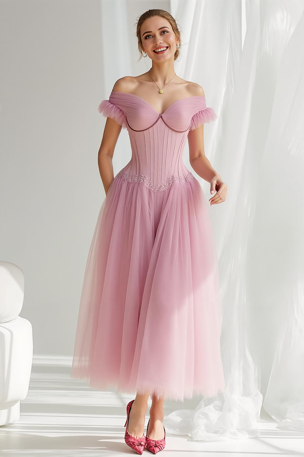 Leely Women Light Pink Flowy Corset Maxi Summer Wedding Guest Dress A Line Off the Shoulder Wedding Party Dress