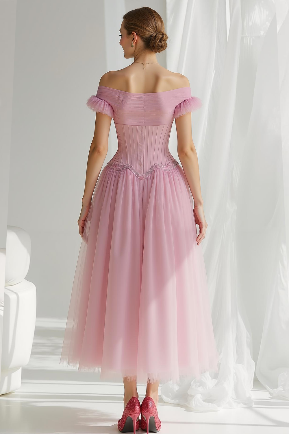 Light Pink Flowy Corset A Line Off the Shoulder Maxi Wedding Guest Dress
