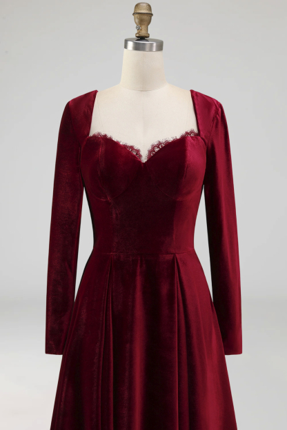 Cabernet Velvet A Line Sweetheart Long Wedding Guest Dress with Sleeves