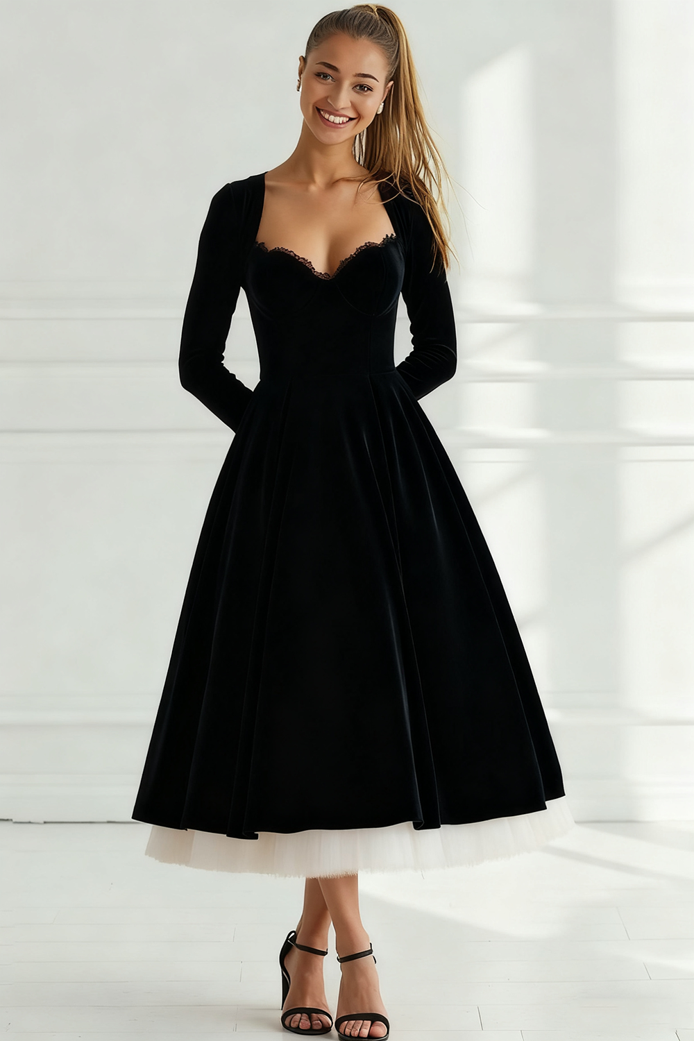 Leely Women Cabernet Velvet Sweetheart Maxi Wedding Guest Dress Long Sleeves A Line Wedding Party Dress