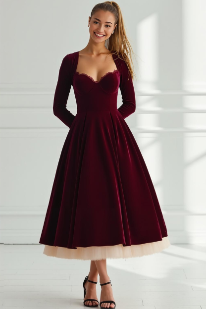 Cabernet Velvet A Line Sweetheart Long Wedding Guest Dress with Sleeves