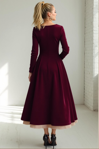 Cabernet Velvet A Line Sweetheart Long Wedding Guest Dress with Sleeves