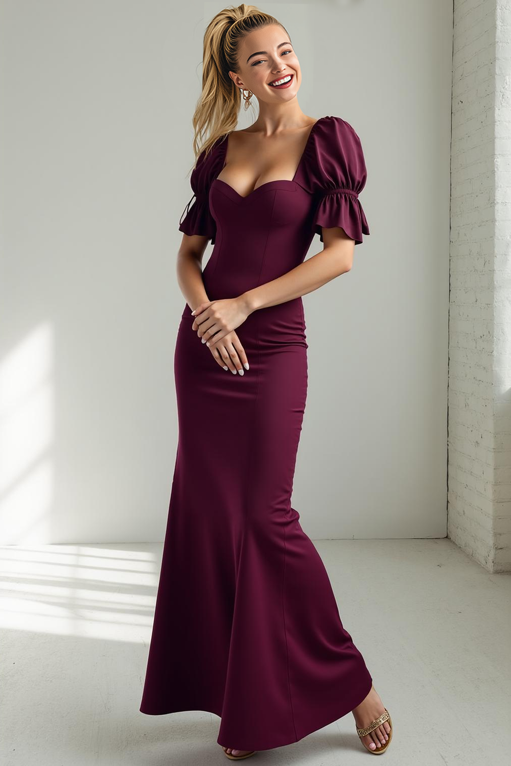 Leely Women Cabernet Mermaid Maxi Wedding Guest Dress with Sleeves Sweetheart Open Back Wedding Party Dress