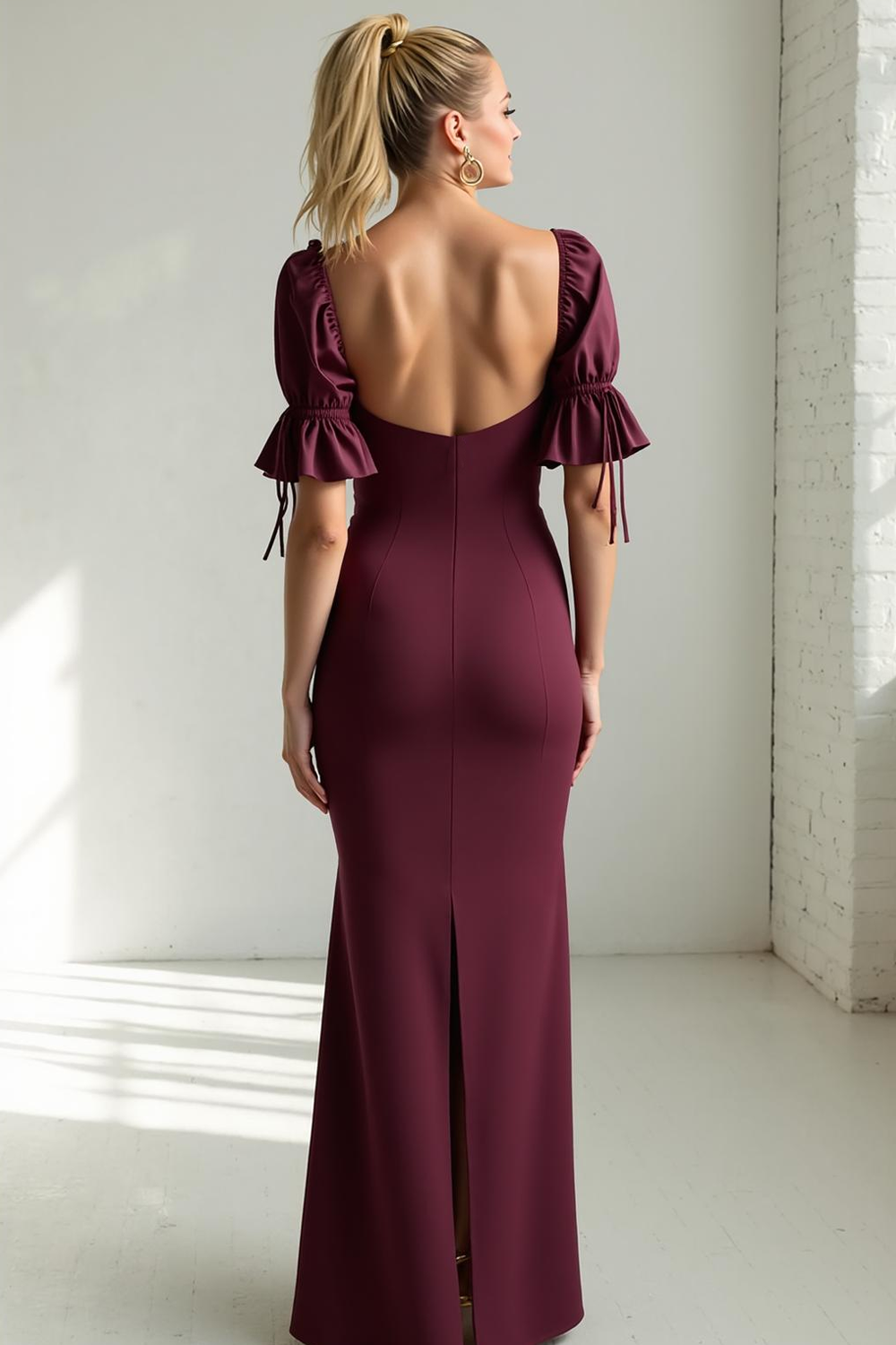Cabernet Mermaid Sweetheart Maxi Wedding Guest Dress with Sleeves