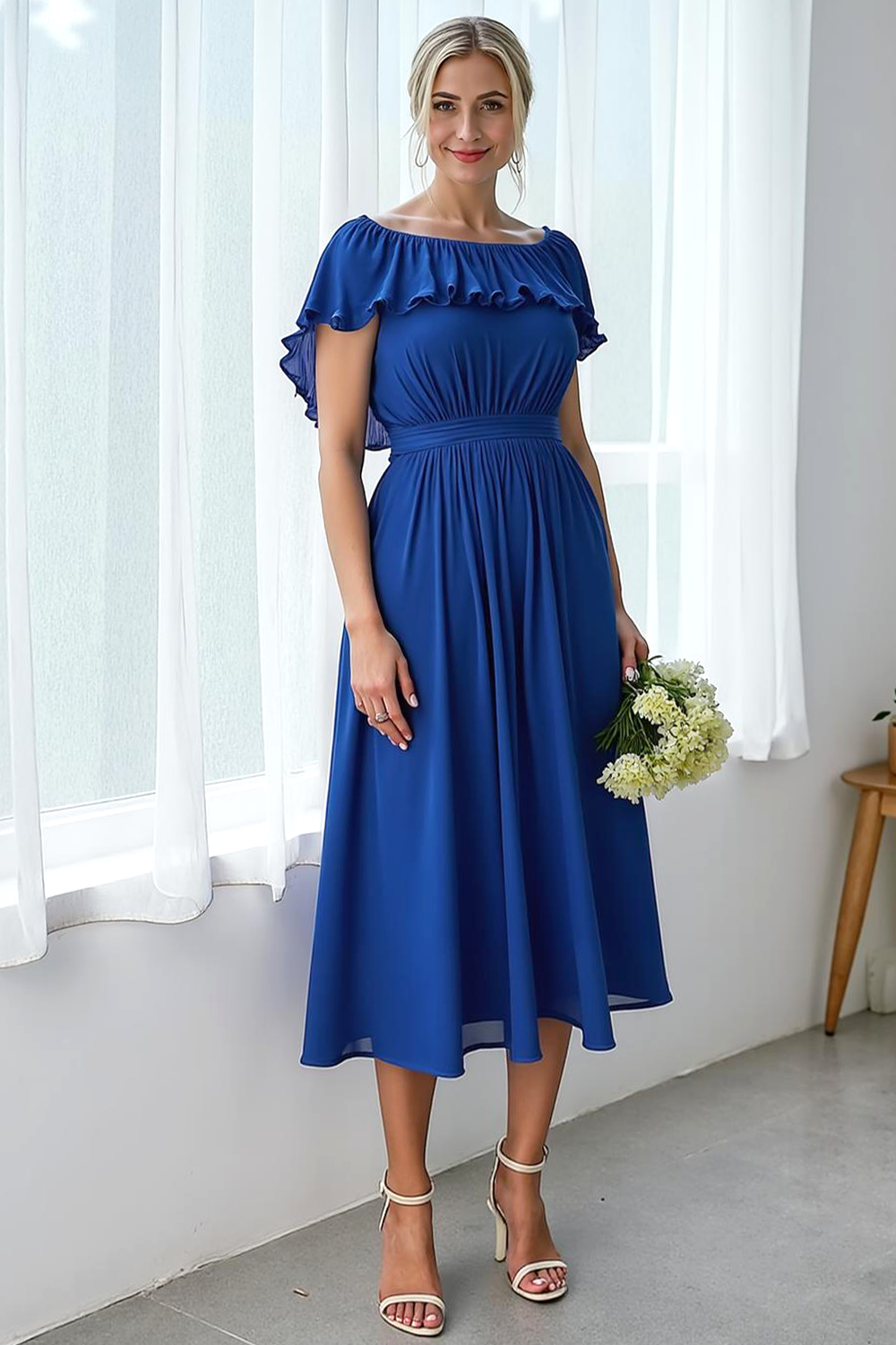 Royal Blue Chiffon A Line Boat Neck Midi Flowy Wedding Guest Dress with Ruffles