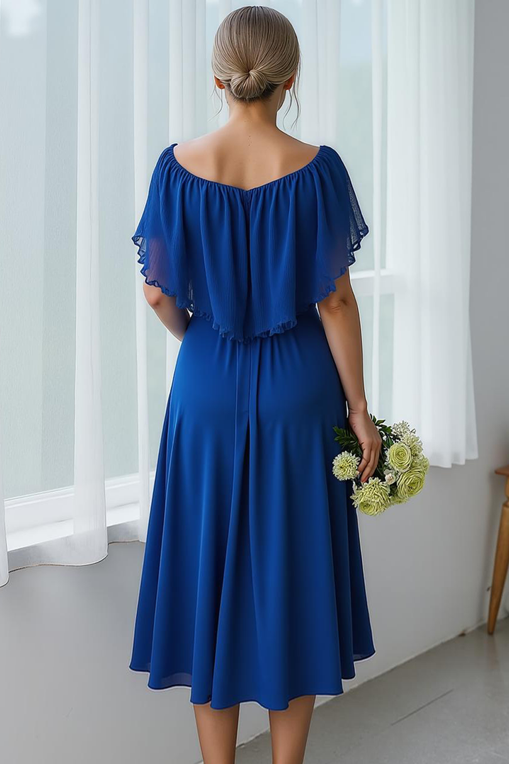 Royal Blue Chiffon A Line Boat Neck Midi Flowy Wedding Guest Dress with Ruffles