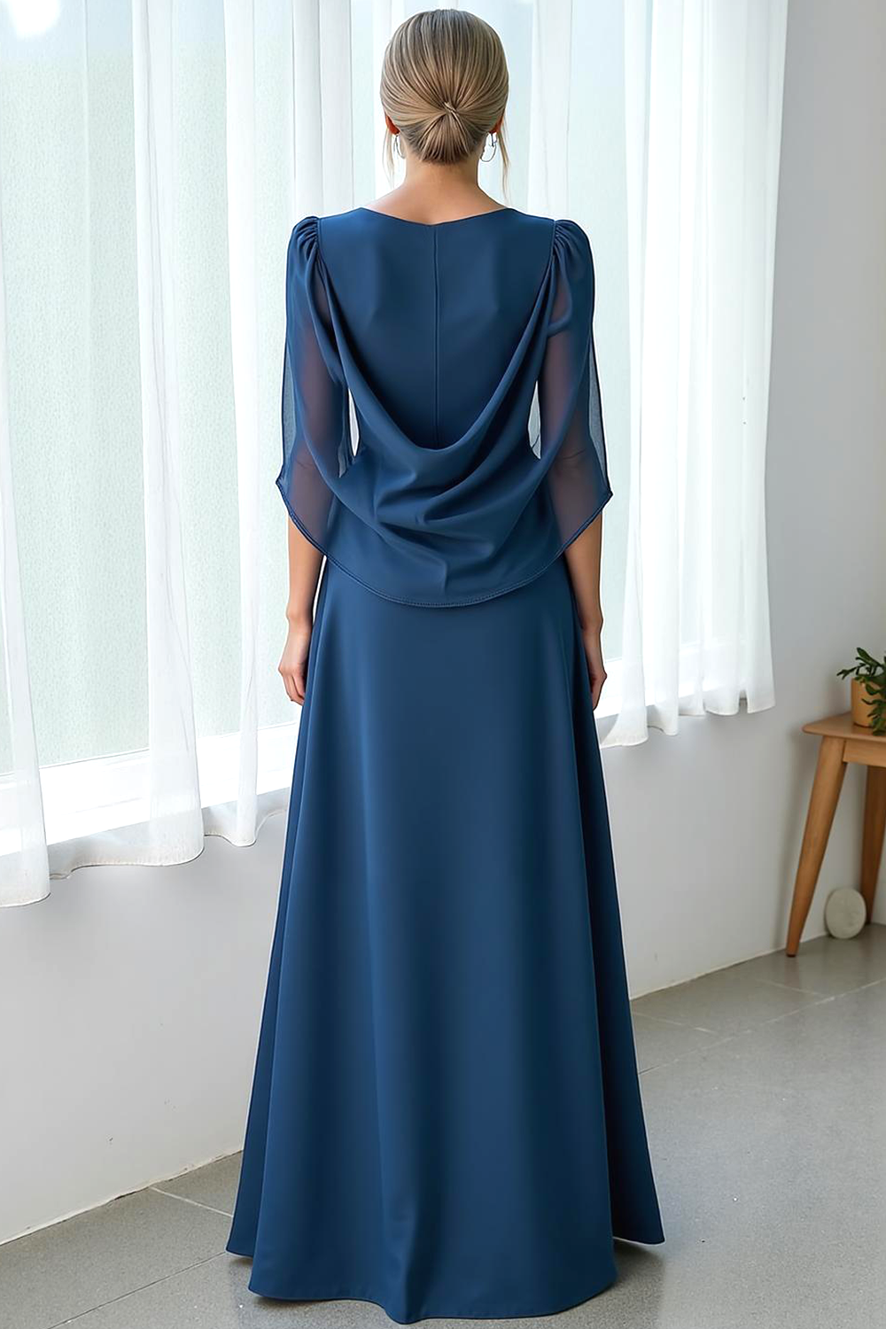Leely Women Navy A Line Chiffon Stunning Wedding Guest Dress with Slit  Ruched V-Neck Long Wedding Party Dress with Cape