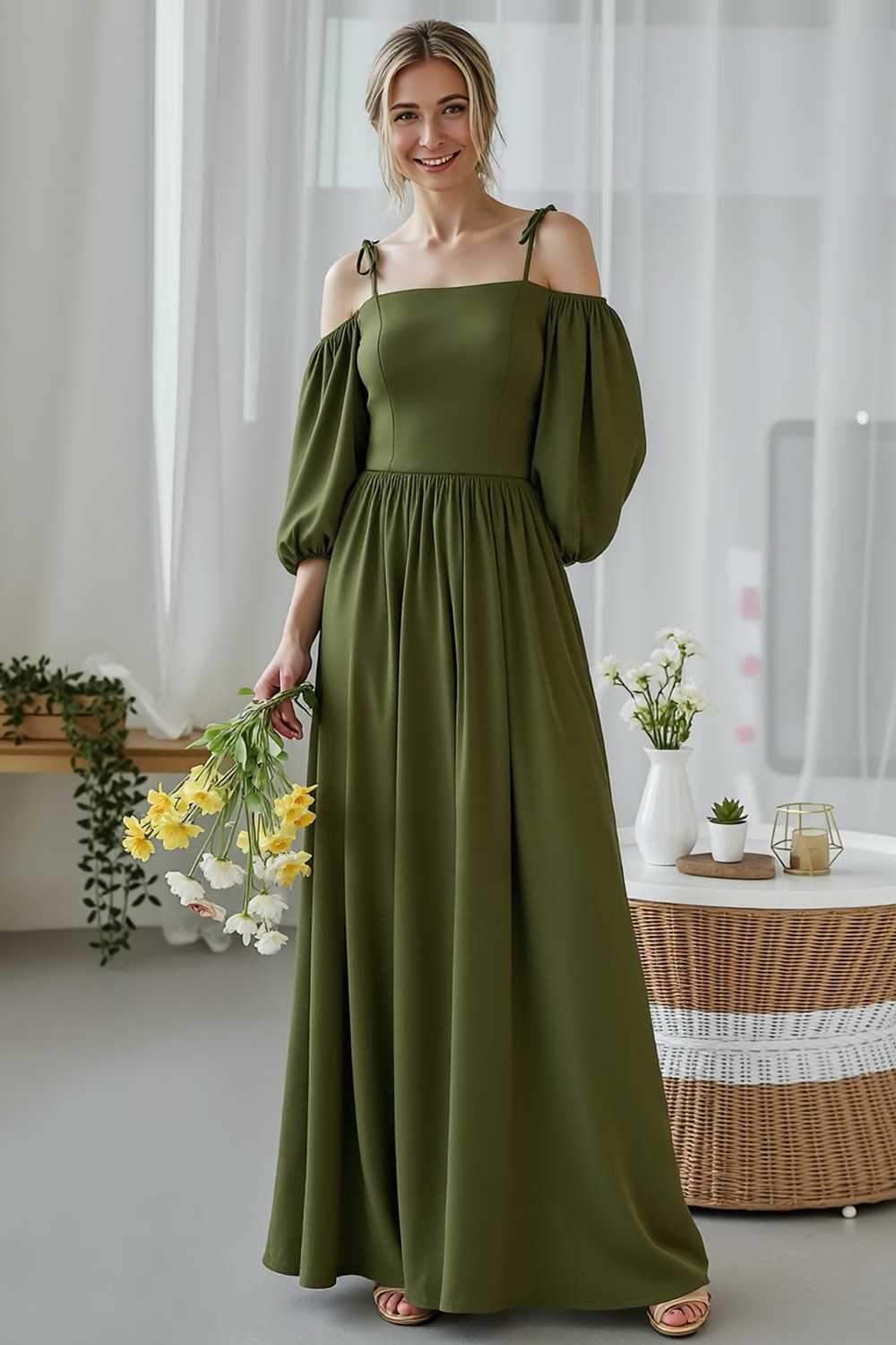 open lace back dress Wedtrend Women Green Floral Prom Dress with Slit A Line Off The Shoulder Corset Long Print Wedding Party Dress, Green / US2 main image 0