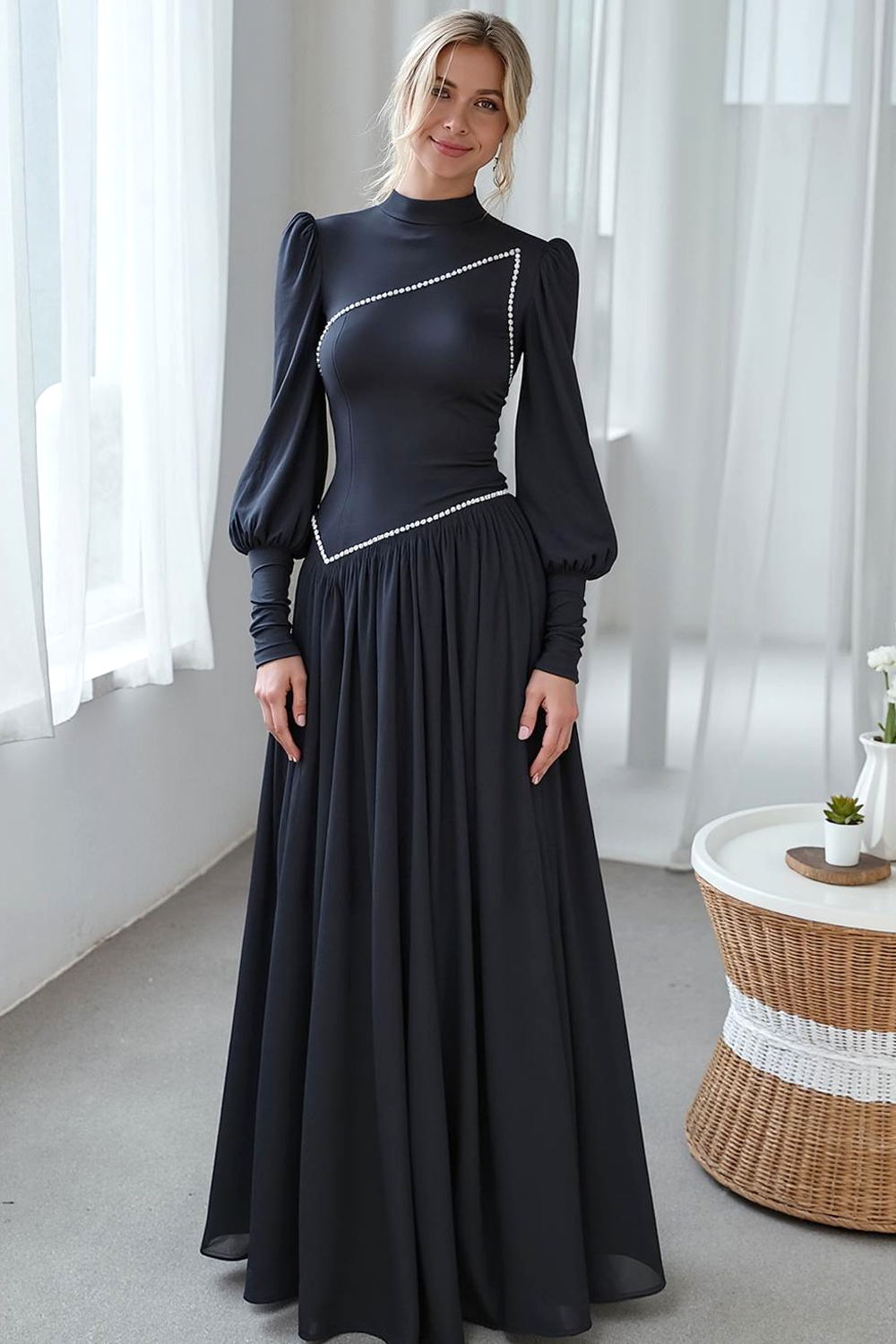 Black White A Line High Neck Long Wedding Guest Dress with Sleeves