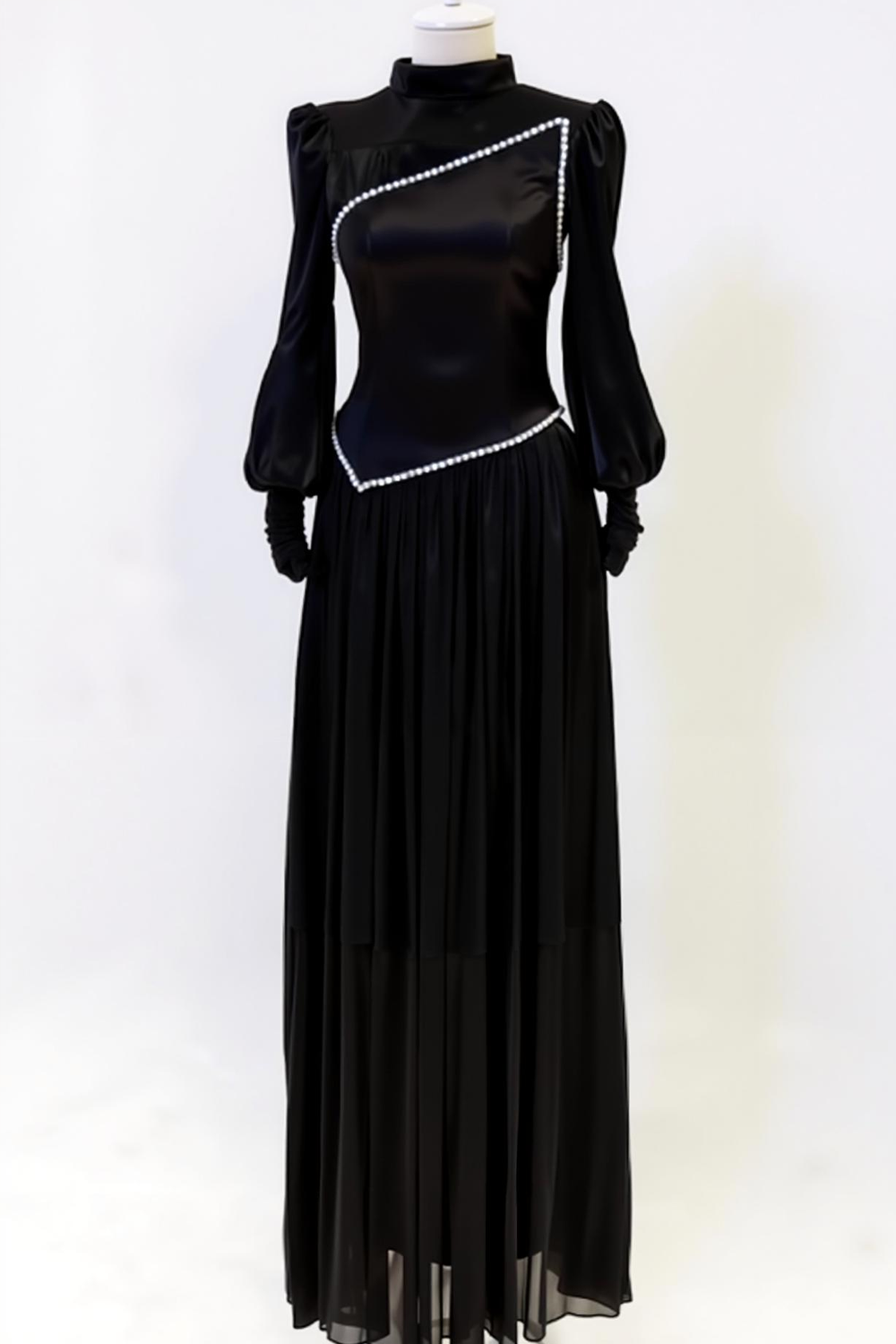 Black White A Line High Neck Long Wedding Guest Dress with Sleeves