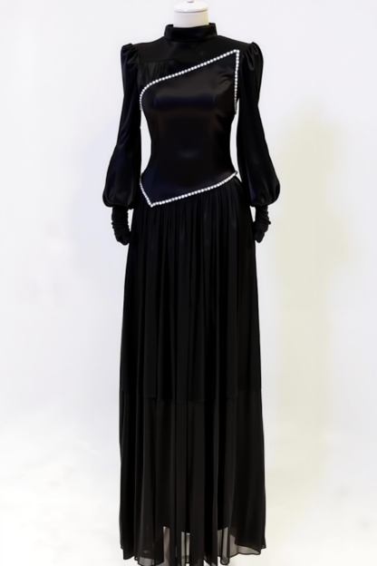 Black White A Line High Neck Long Wedding Guest Dress with Sleeves