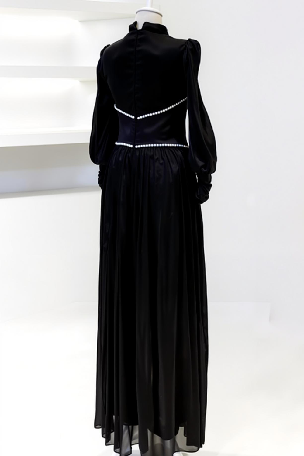 Black White A Line High Neck Long Wedding Guest Dress with Sleeves