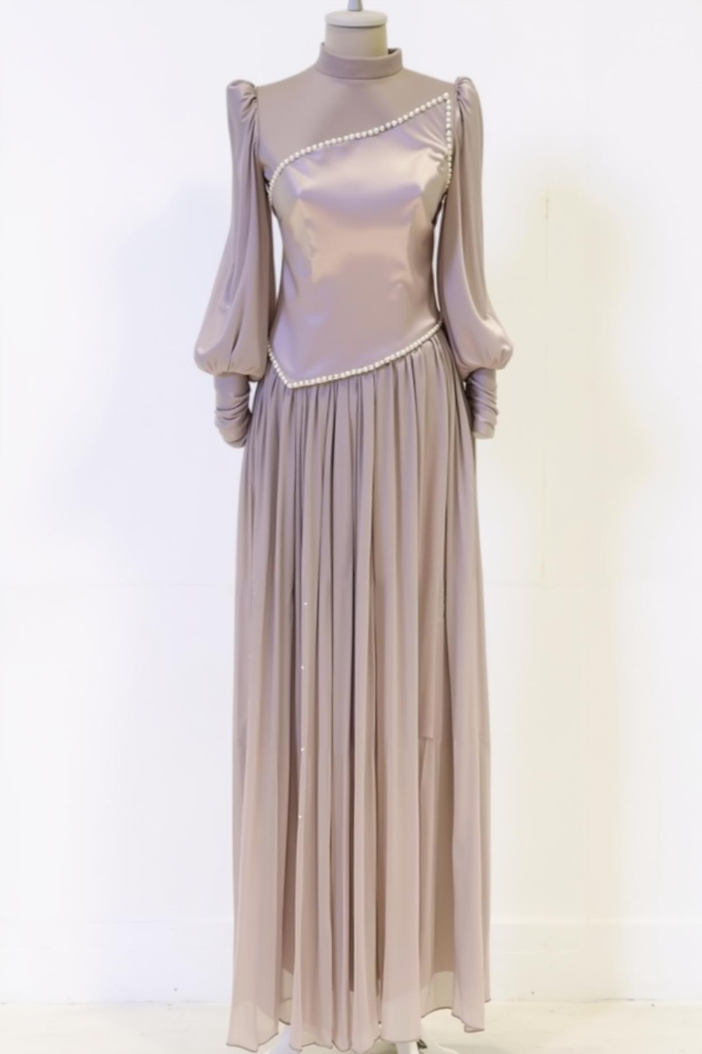 Black White A Line High Neck Long Wedding Guest Dress with Sleeves