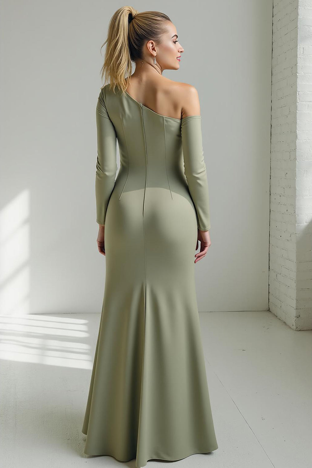 Sage Green Mermaid One Shoulder Long Wedding Guest Dress with Sleeves
