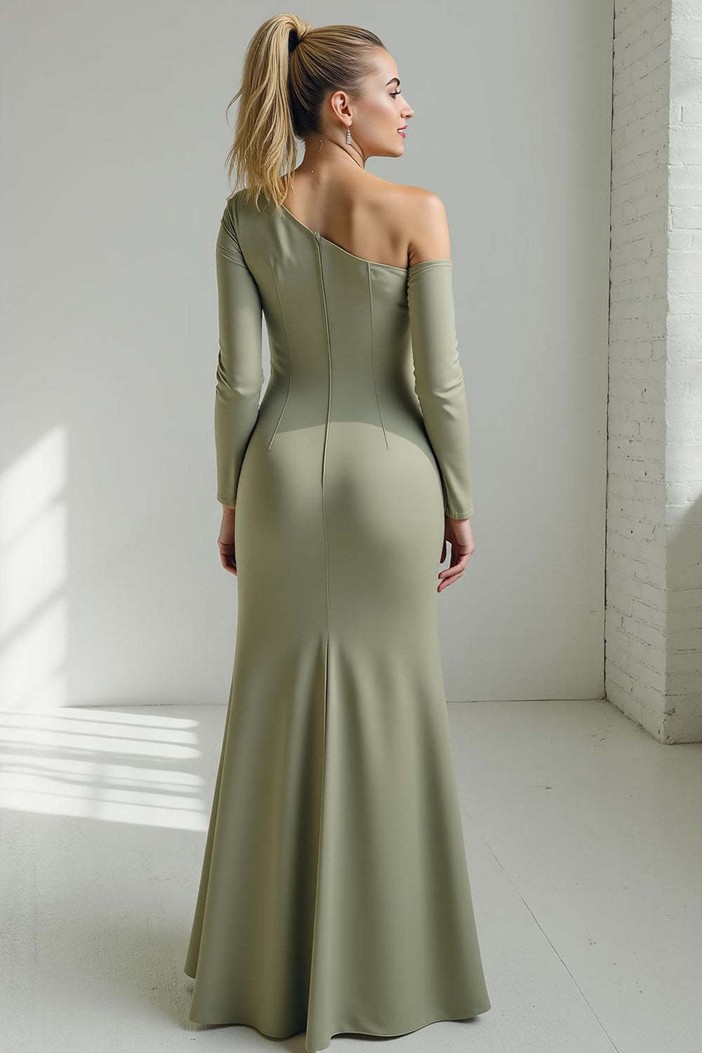 Sage Green Mermaid One Shoulder Long Wedding Guest Dress with Sleeves