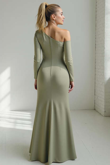 Sage Green Mermaid One Shoulder Long Wedding Guest Dress with Sleeves