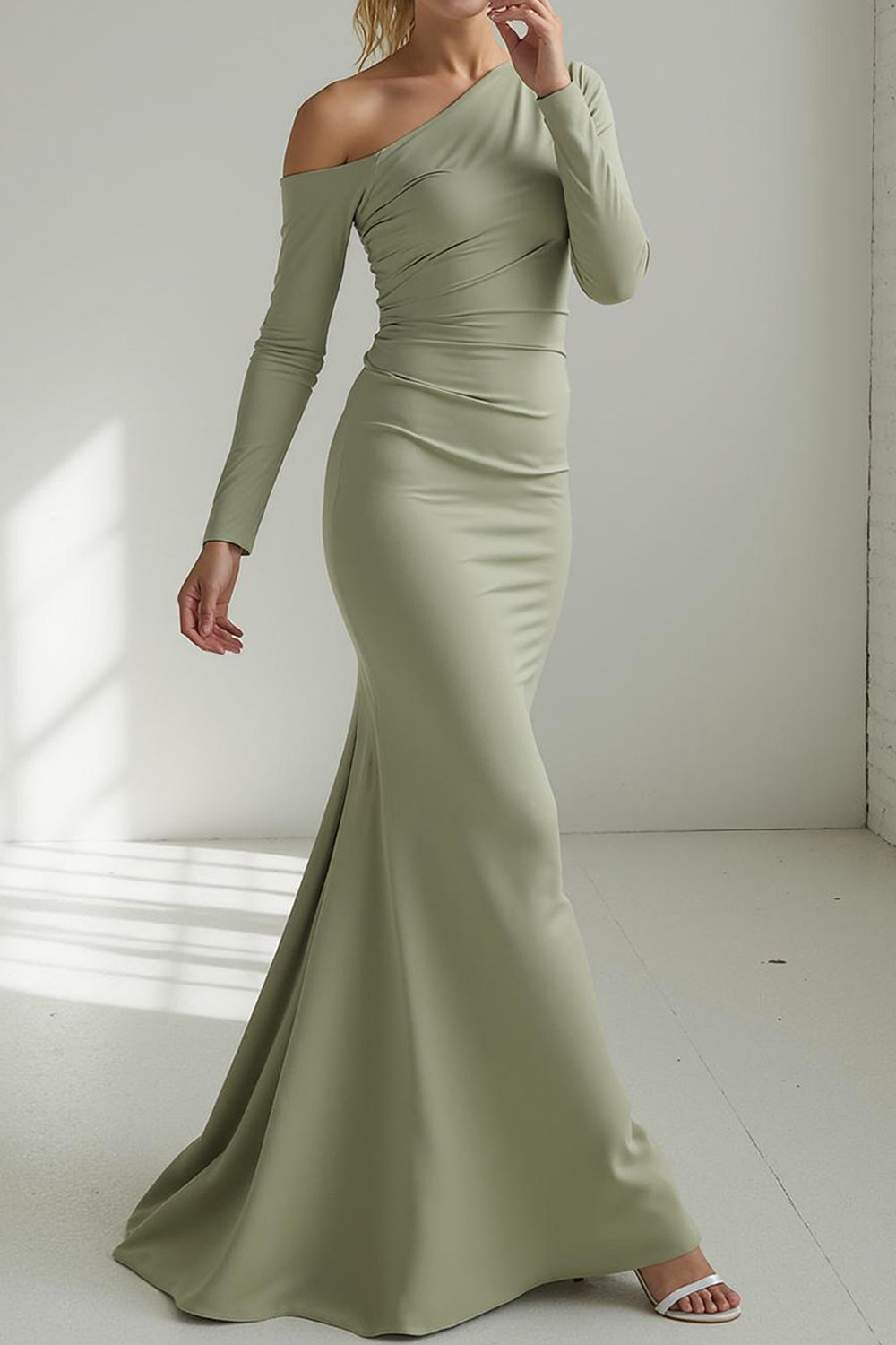 Sage Green Mermaid One Shoulder Long Wedding Guest Dress with Sleeves