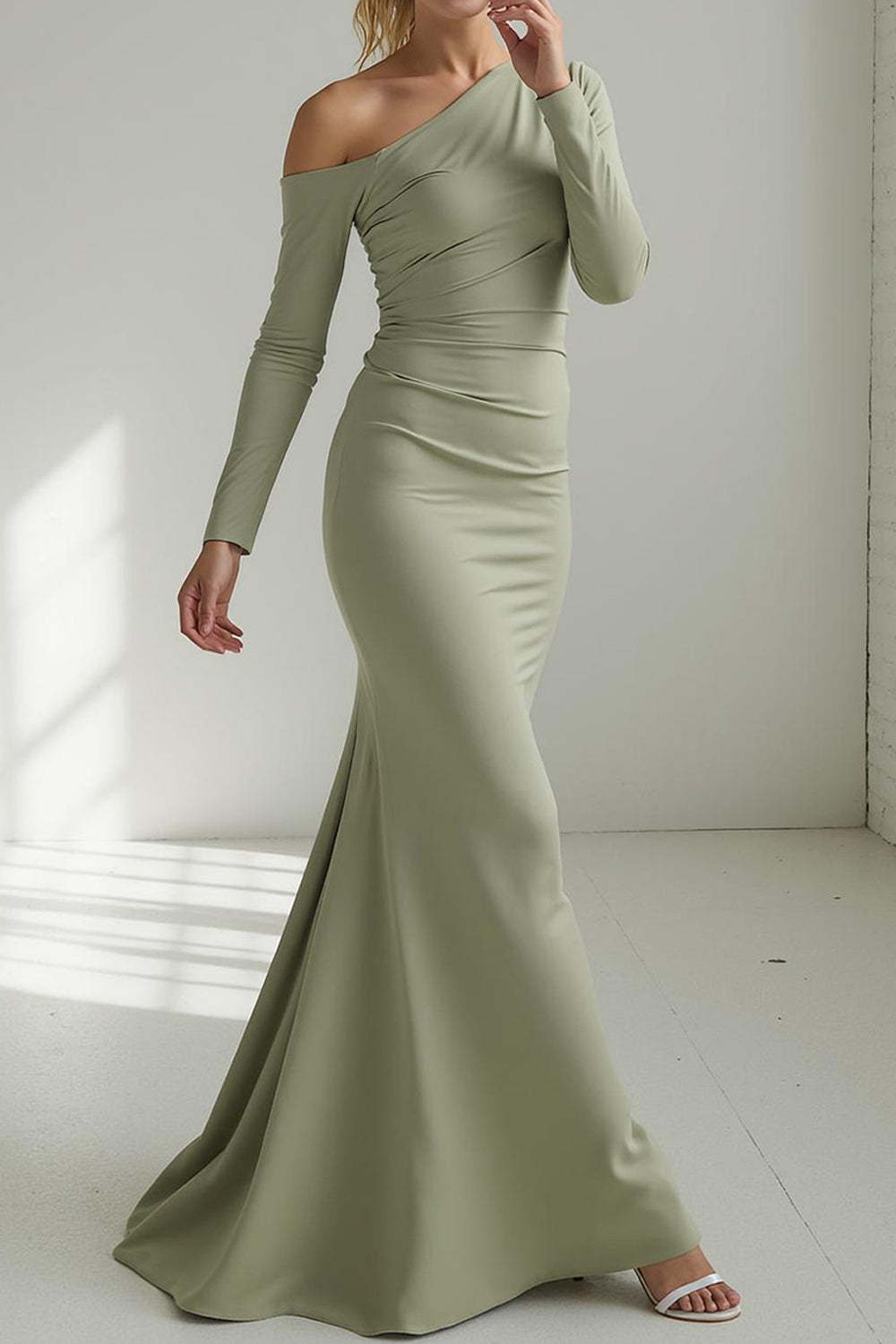 Sage Green Mermaid One Shoulder Long Wedding Guest Dress with Sleeves