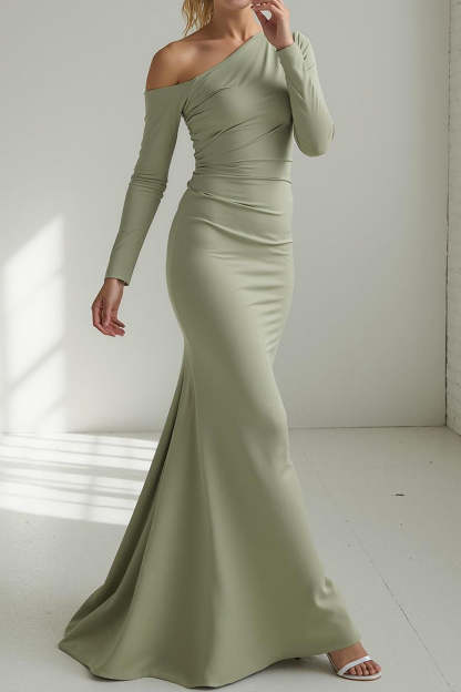 Sage Green Mermaid One Shoulder Long Wedding Guest Dress with Sleeves