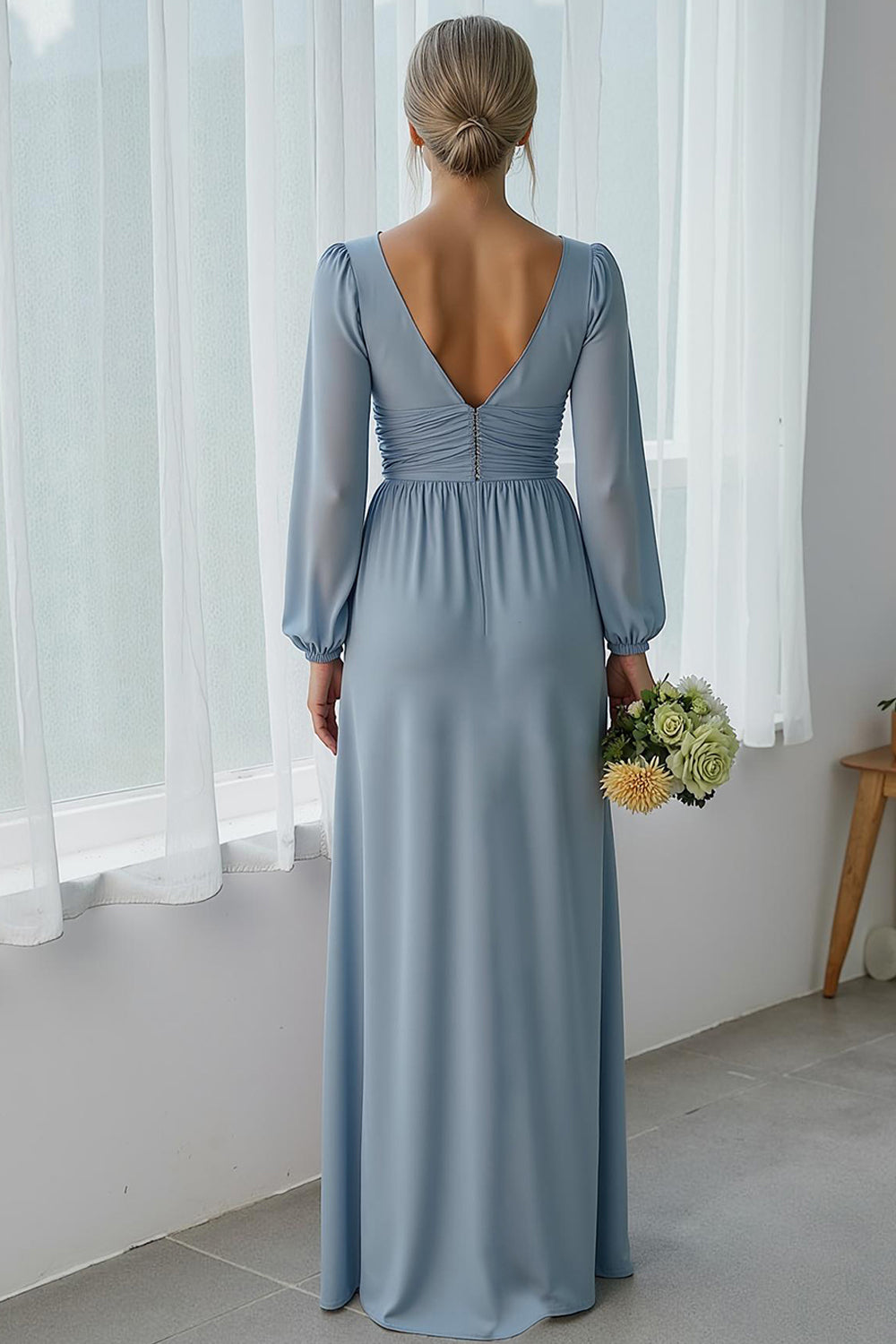 Dusty Blue Chiffon V-Neck Long Bridesmaid Dress with Slit