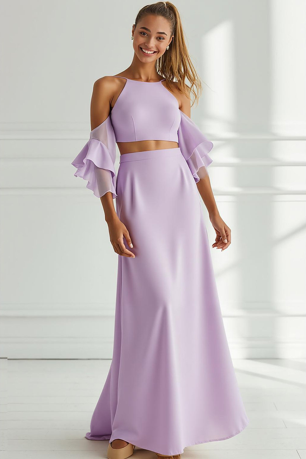 Lilac A Line Round Neck Long Bridesmaid Dress with Ruffles