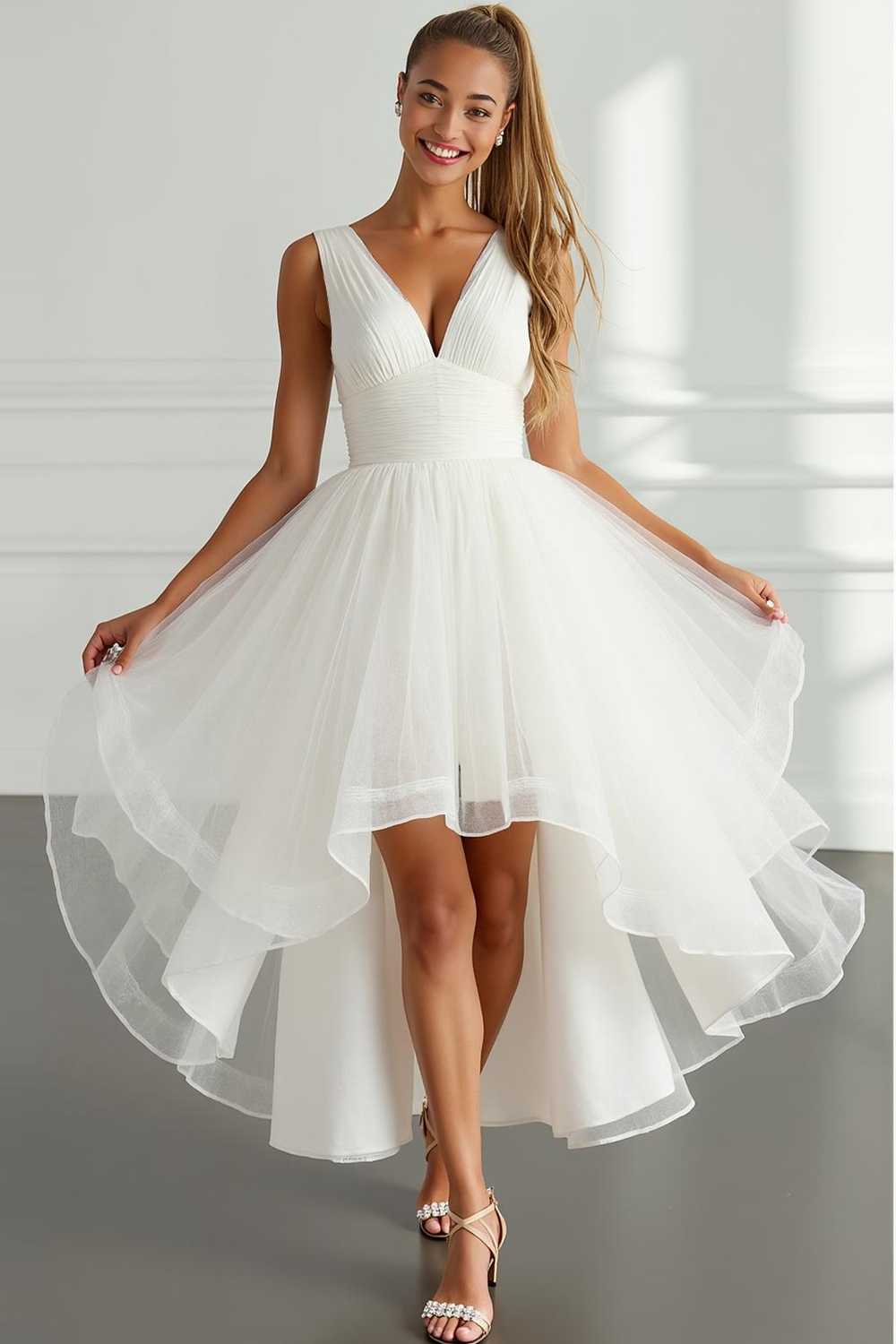 Leely Women White High Low Ruffled Engagement Dress V-Neck A Line Rehearsal Dinner Dress