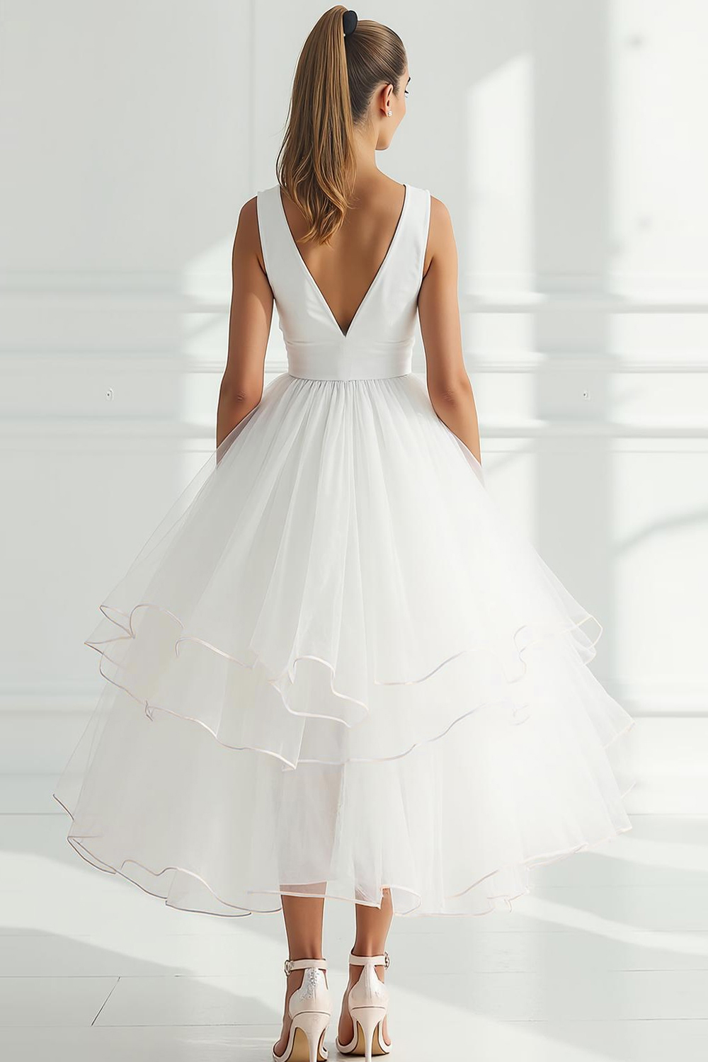 White High Low V-Neck Ruffled Engagement Dress