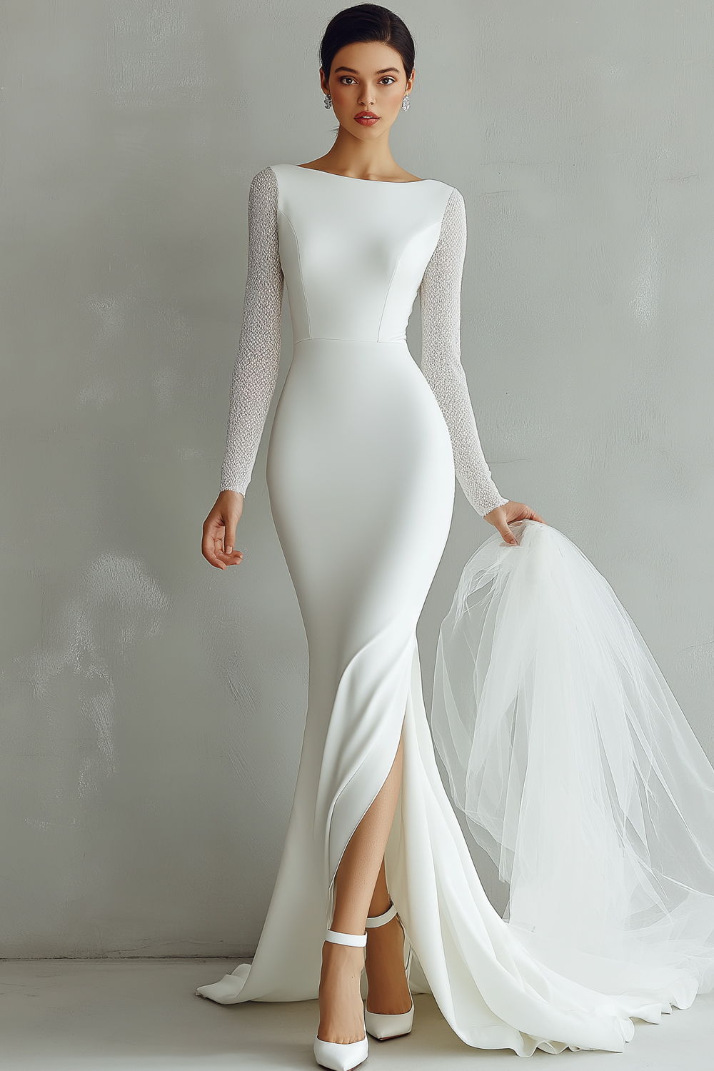 White Mermaid Chiffon Bateau Neck Sweep Train Wedding Dress with Slit