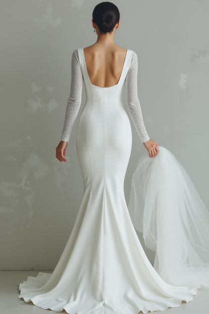 White Mermaid Chiffon Bateau Neck Sweep Train Wedding Dress with Slit