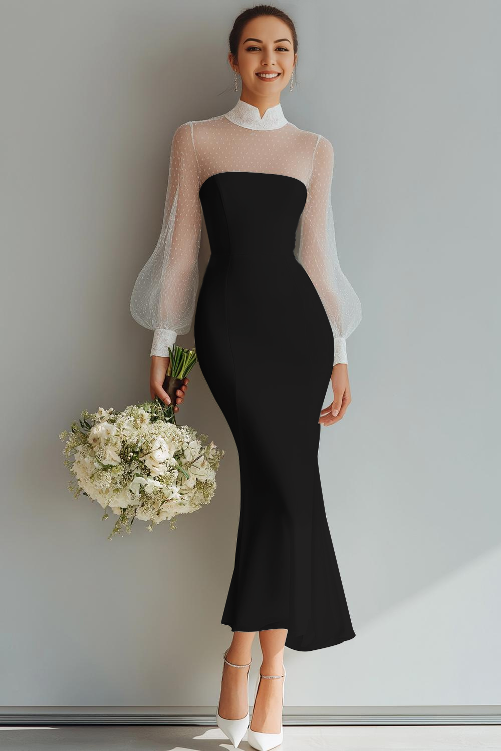 White Mermaid High Neck Maxi Wedding Reception Dress with Sleeves