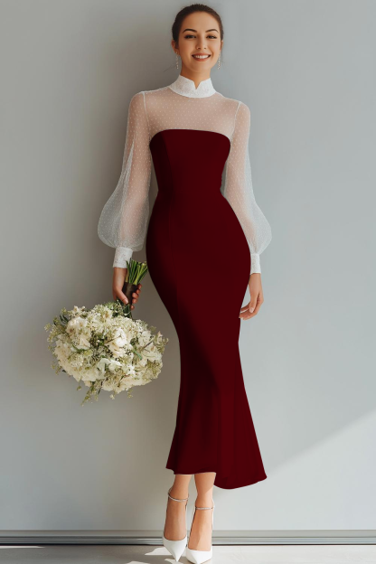 White Mermaid High Neck Maxi Wedding Reception Dress with Sleeves