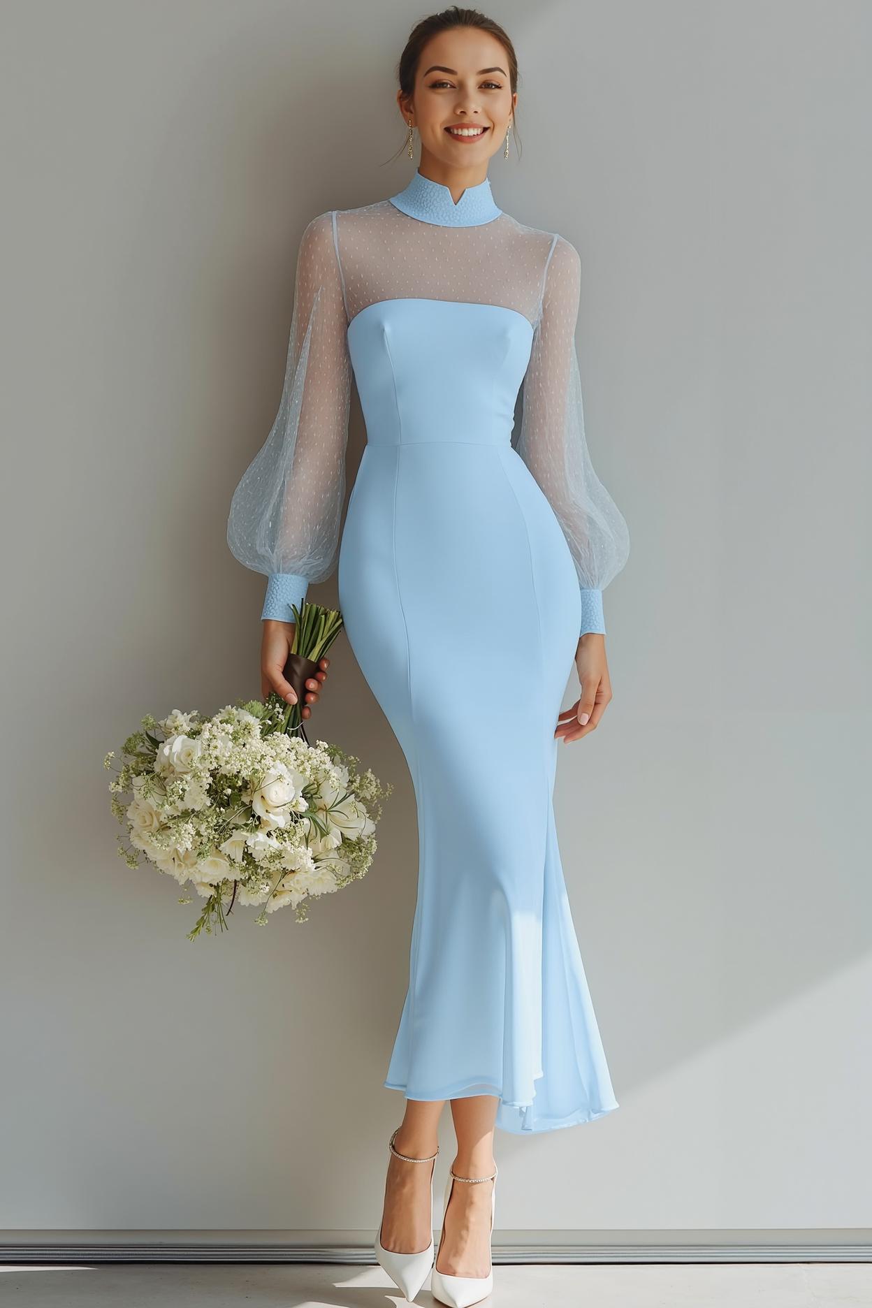 White Mermaid High Neck Maxi Wedding Reception Dress with Sleeves