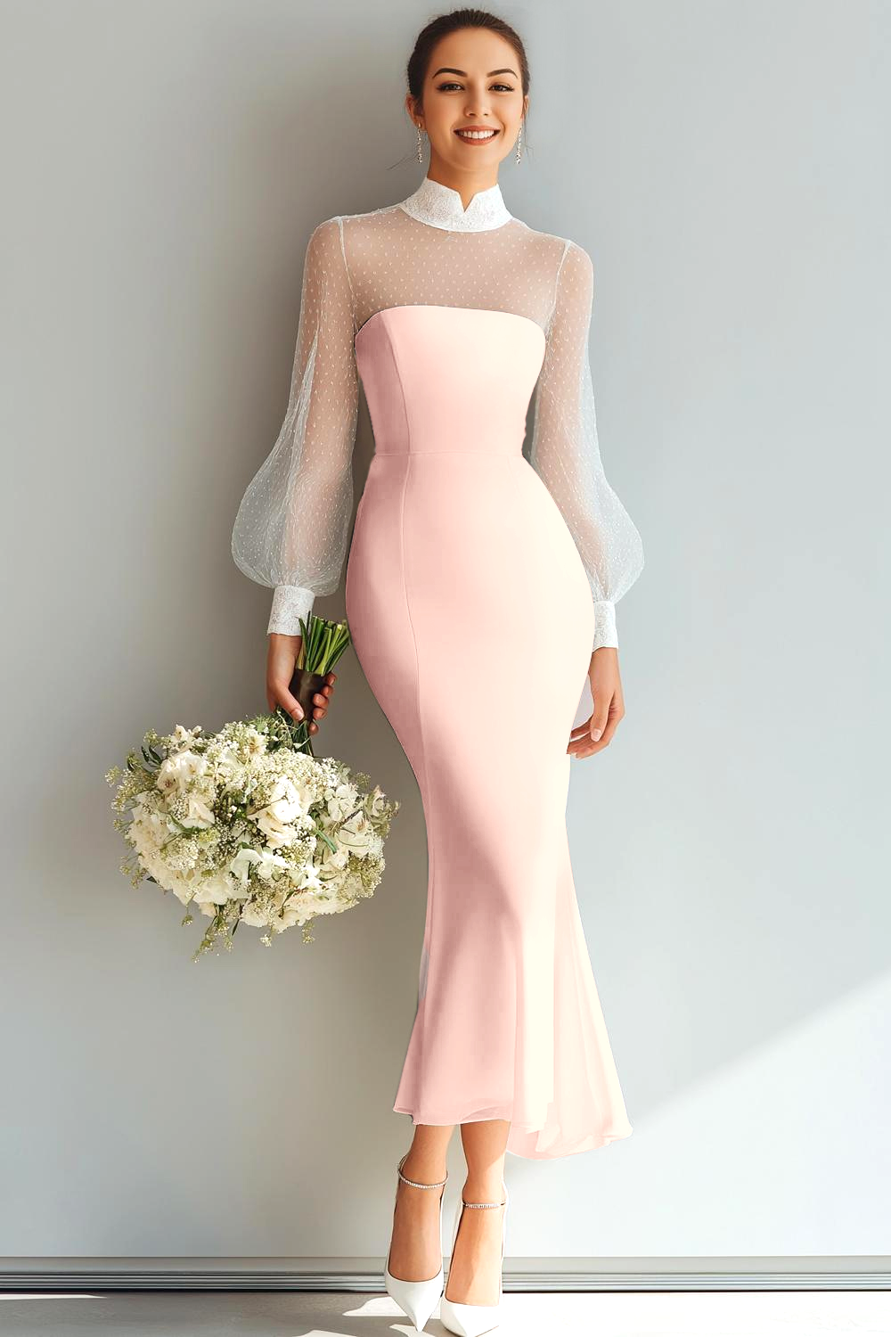 White Mermaid High Neck Maxi Wedding Reception Dress with Sleeves