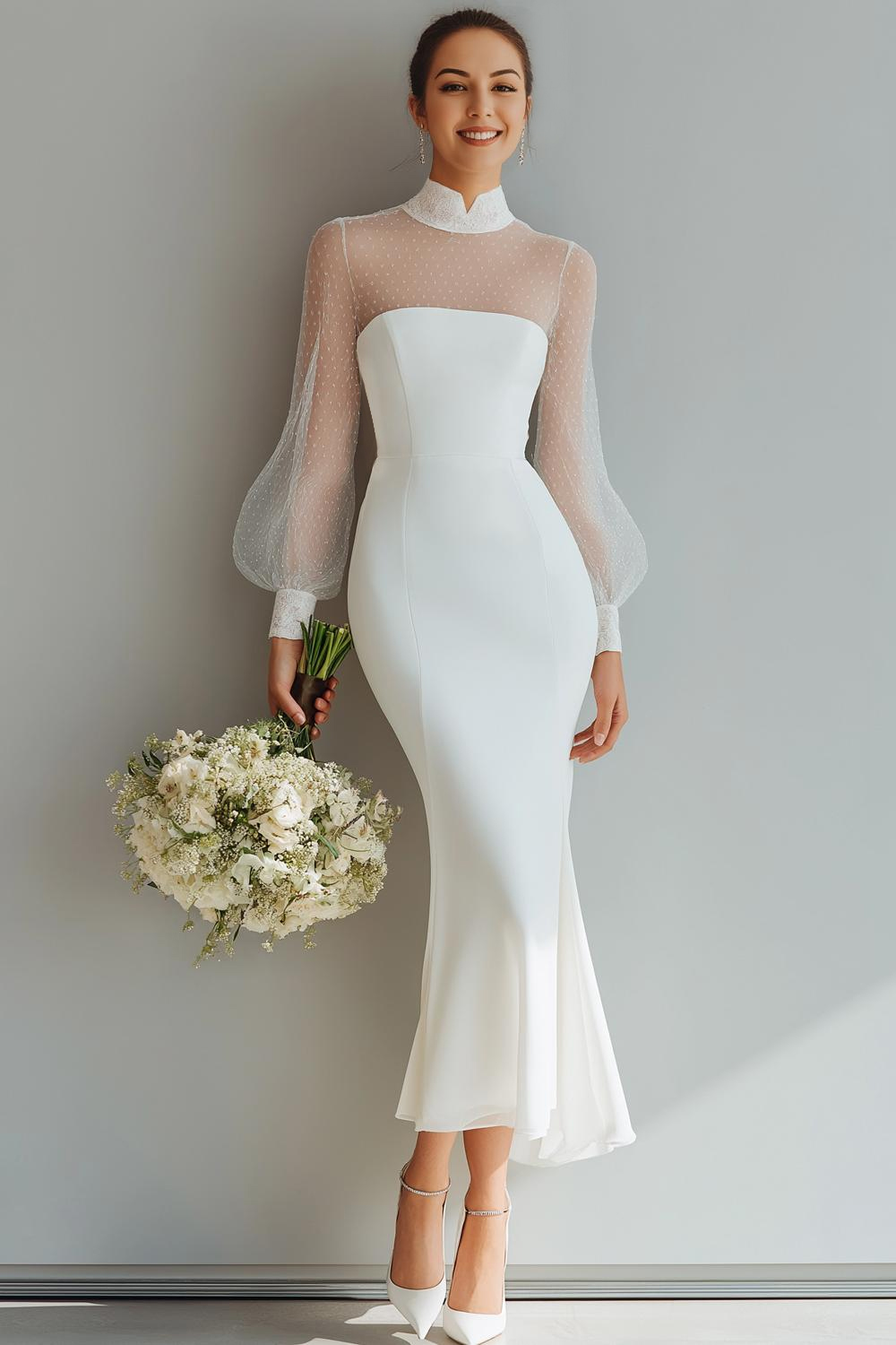 White Mermaid High Neck Maxi Wedding Reception Dress with Sleeves